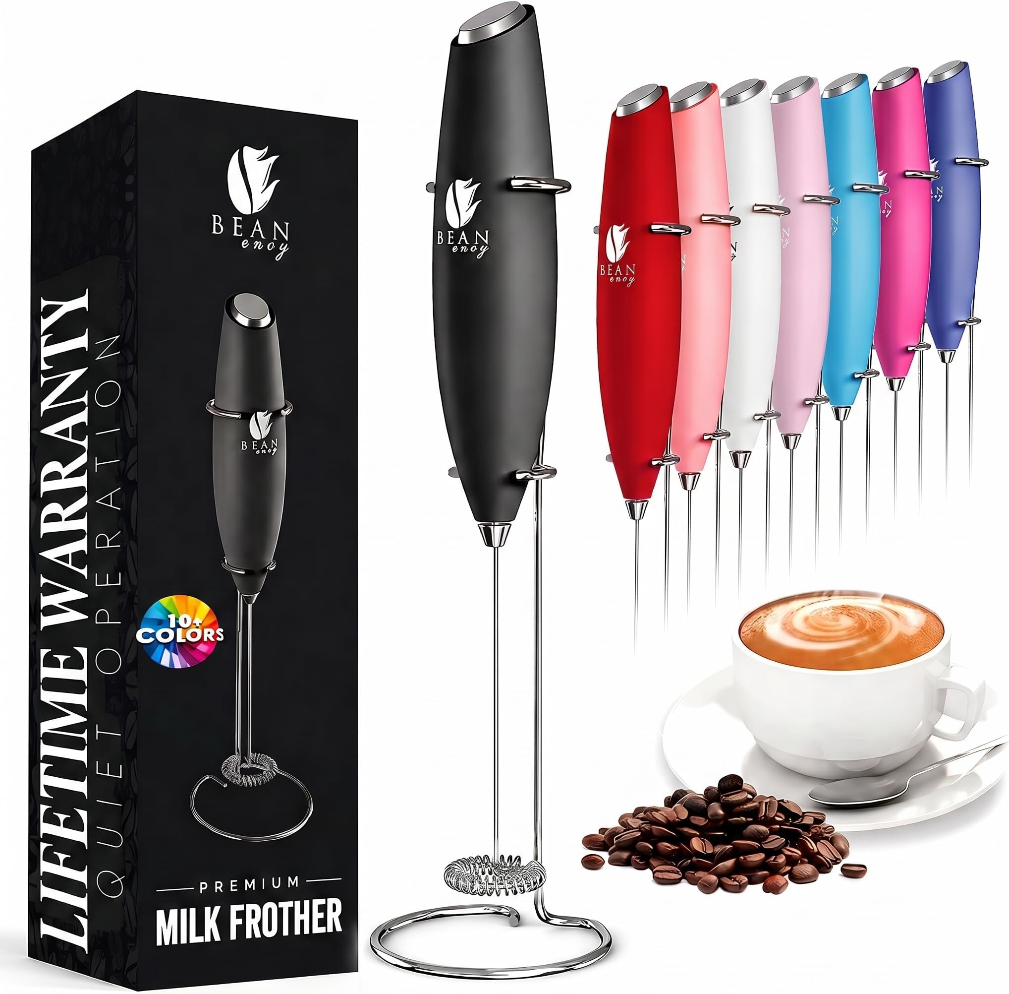 Bean Envy Milk Frother Handheld - Coffee Mixer Wand with Stand - Black