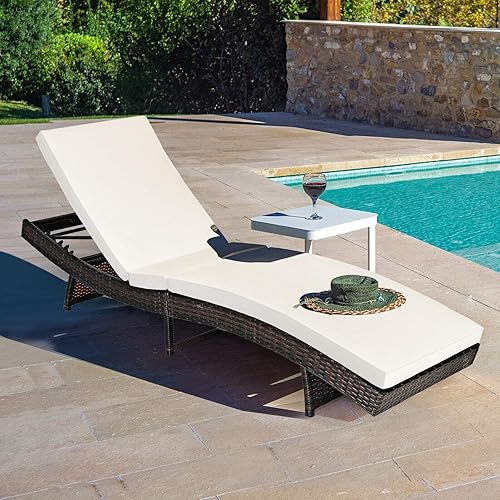 Miniatura 2 de HAPPYGRILL Tumbona reclinable de mimbre de ratán para exteriores, ajustable, ergonómica, reclinable, con cojín para patio, piscina, patio trasero,