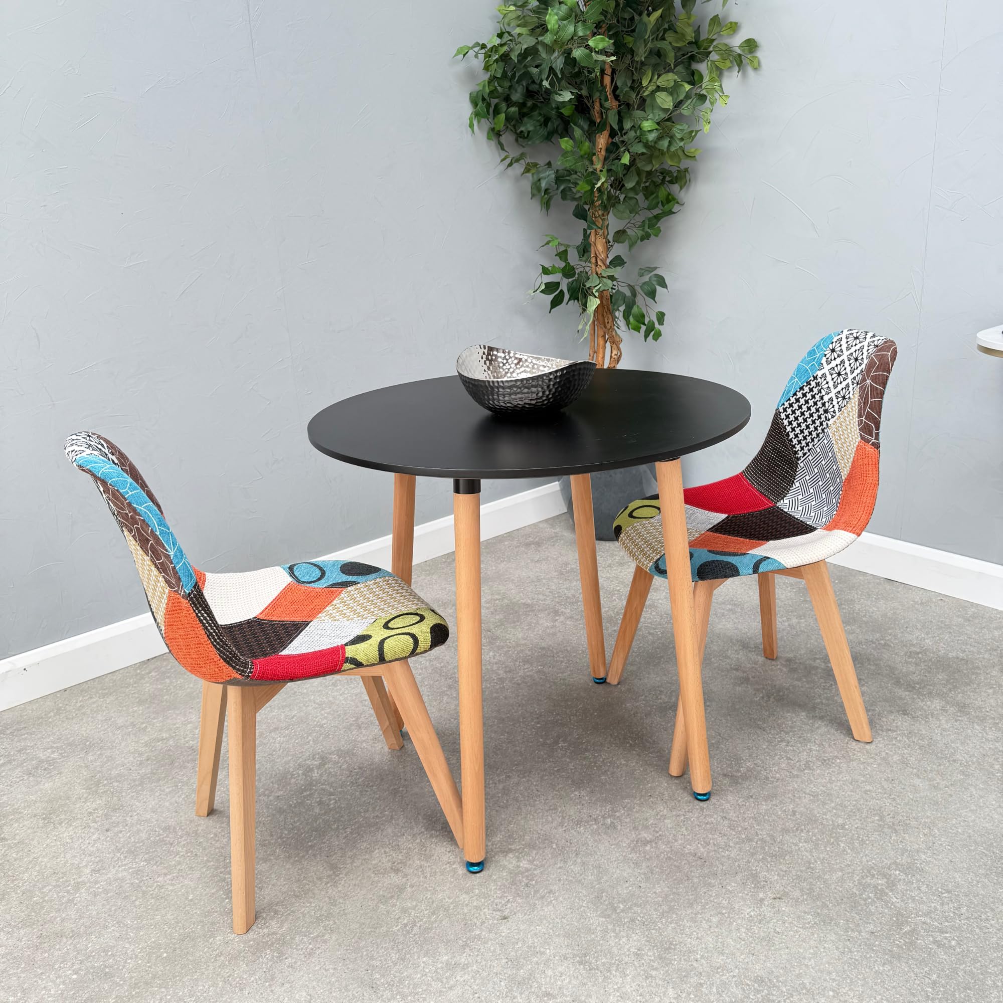 Halo Round Dining Table Set with 2 Patchwork Chairs - Scandinavian Modern Design, Solid Wood Legs, Compact & Stylish for Small Spaces