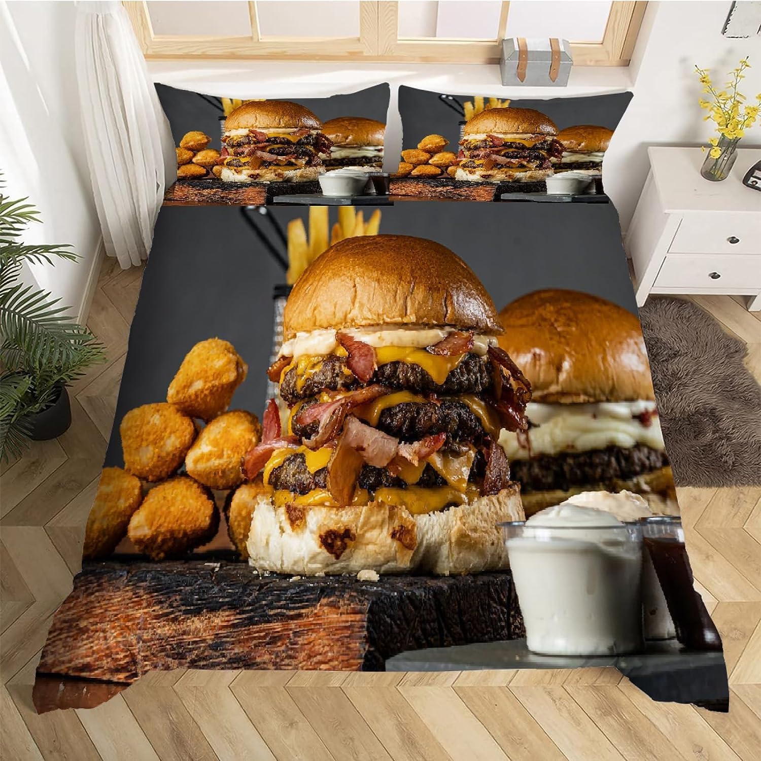 Housse de couette 240x220 hamburger en microfibre imprimée 3D avec taies d'oreiller