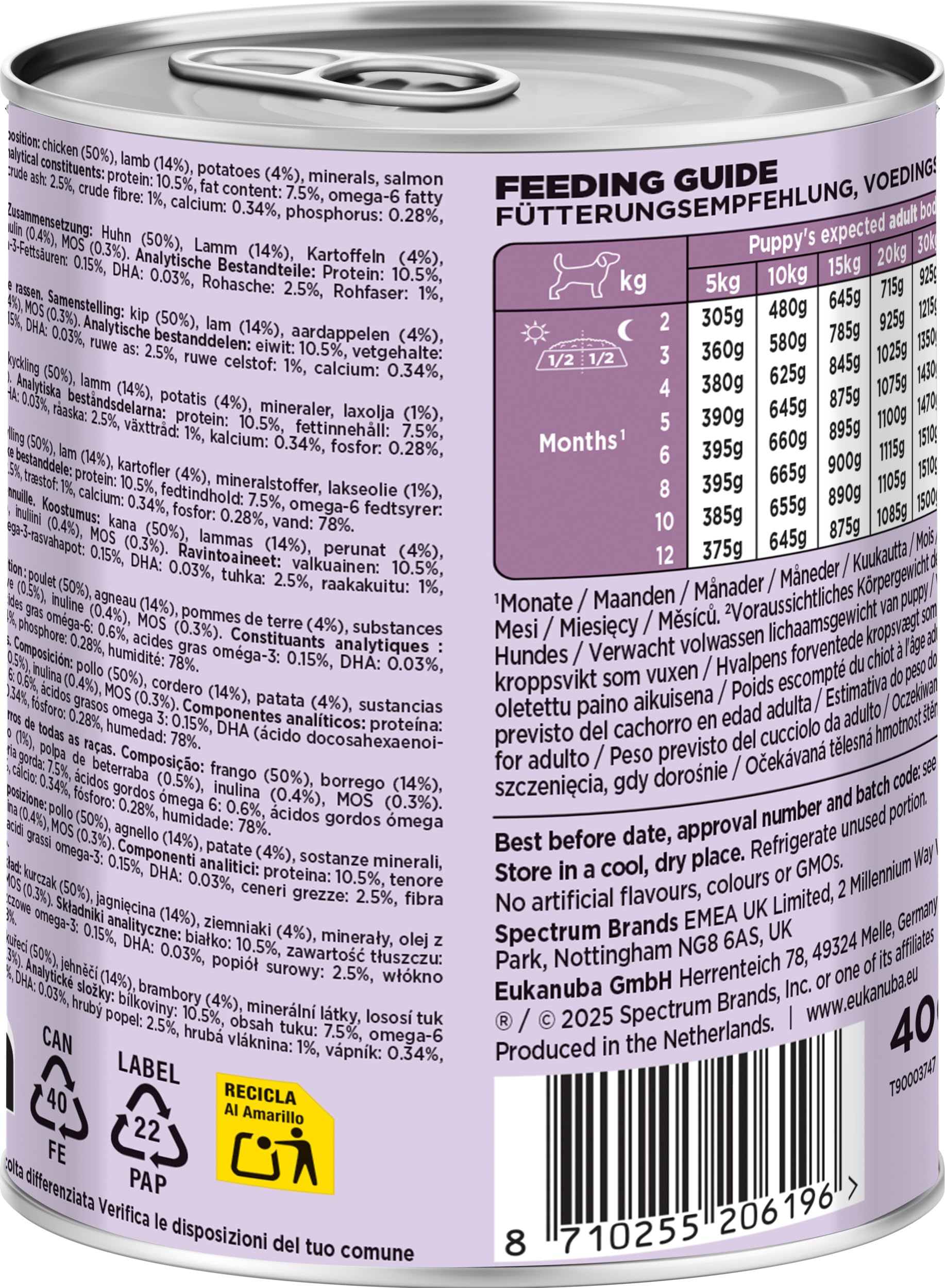 EUKANUBA Cibo umido per cuccioli con agnello e patate, alimento umido premium senza cereali per cani junior, 6 x 400 g lattine