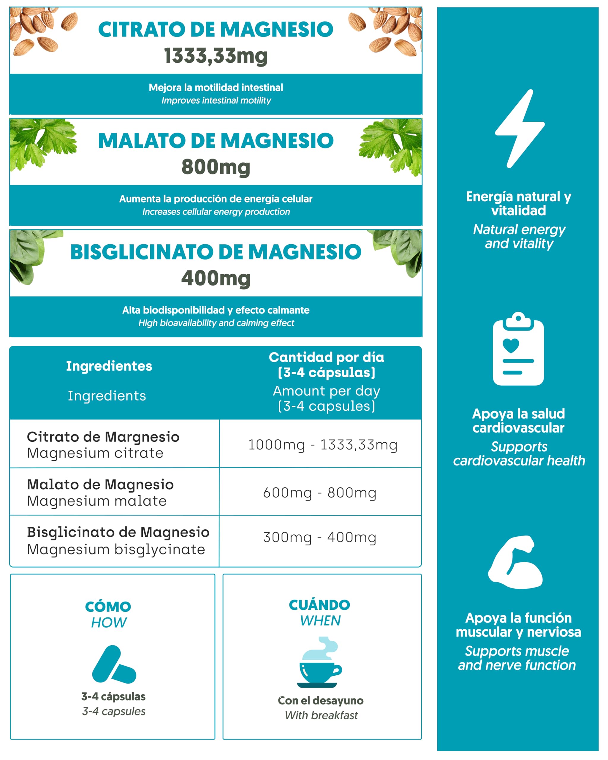 Magnesio Complex | CITRATO + MALATO + BISGLICINATO | 190 Caps | Dormir Mejor, Mayor Energía y Recuperación Muscular | Máxima Absorción y Biodisponibilidad | Apoyo en la Digestión y Estado Anímico