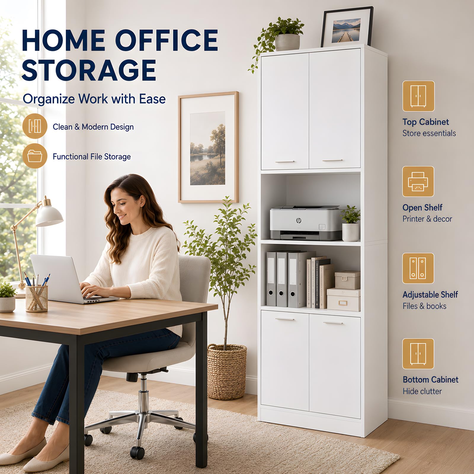 Armadio Ufficio Bianco 60x40x180,5 cm, Schedario da Ufficio con 4 Ante, Vano Stampante e Ripiani Regolabili, Mobile Multiuso Salvaspazio per Camera e Bagno, Credenza per Cucina e Soggiorno