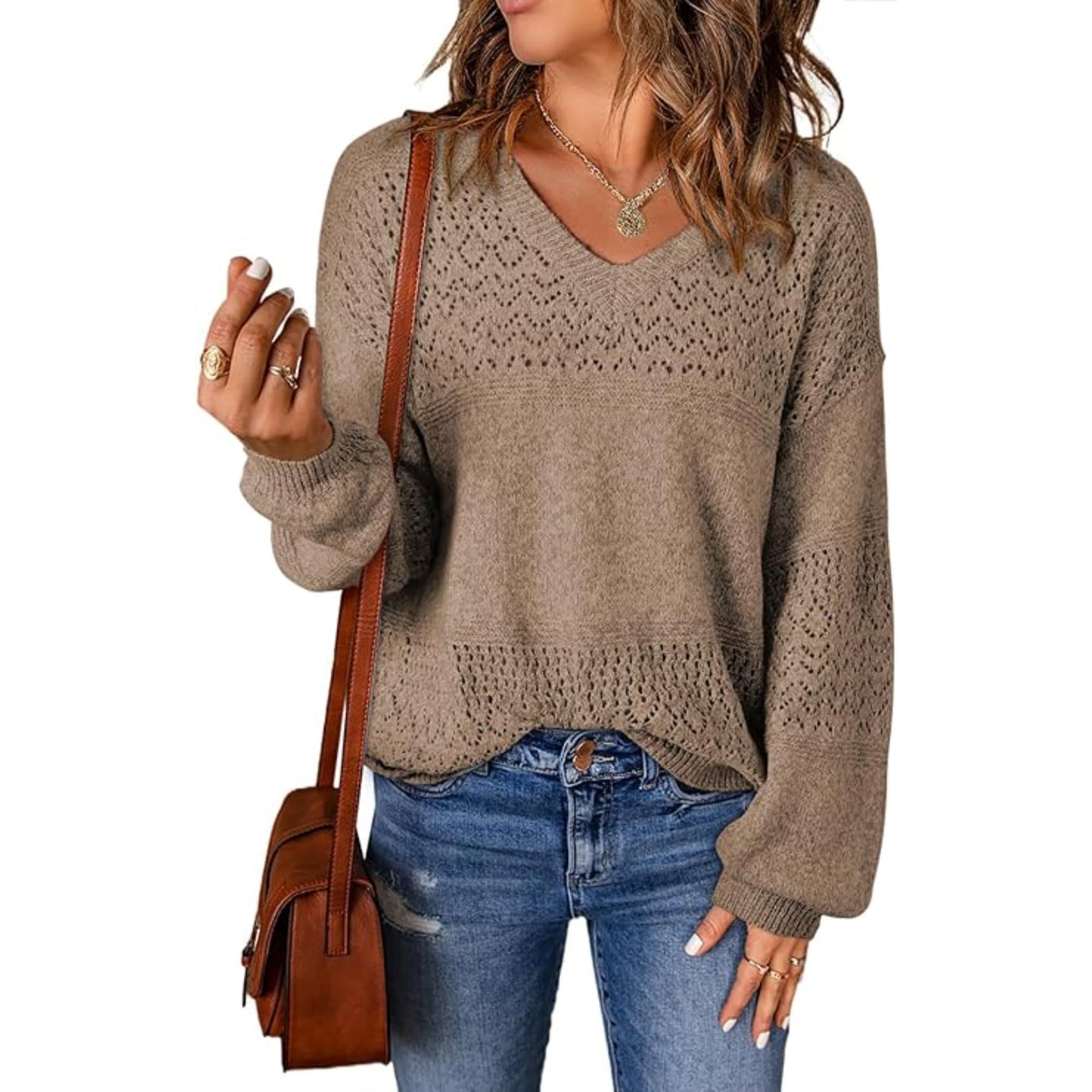 Donne Crochet Hollow Out Maglia Maglia Scollo a V Manica Lunga Polsino A Costine Felpa Primavera Autunno Regolare Casual Pullover