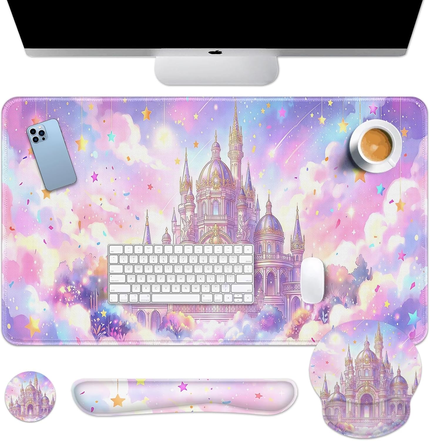 Arttown Pink Castle Desk Mat Star Ribbons Mouse Pad Set 4 in 1 Ergonomic Design Large Mouse Pad + Keyboard Wrist Rest + Mouse Wrist Rest + Coaster Suitable for Home Office Study Game
