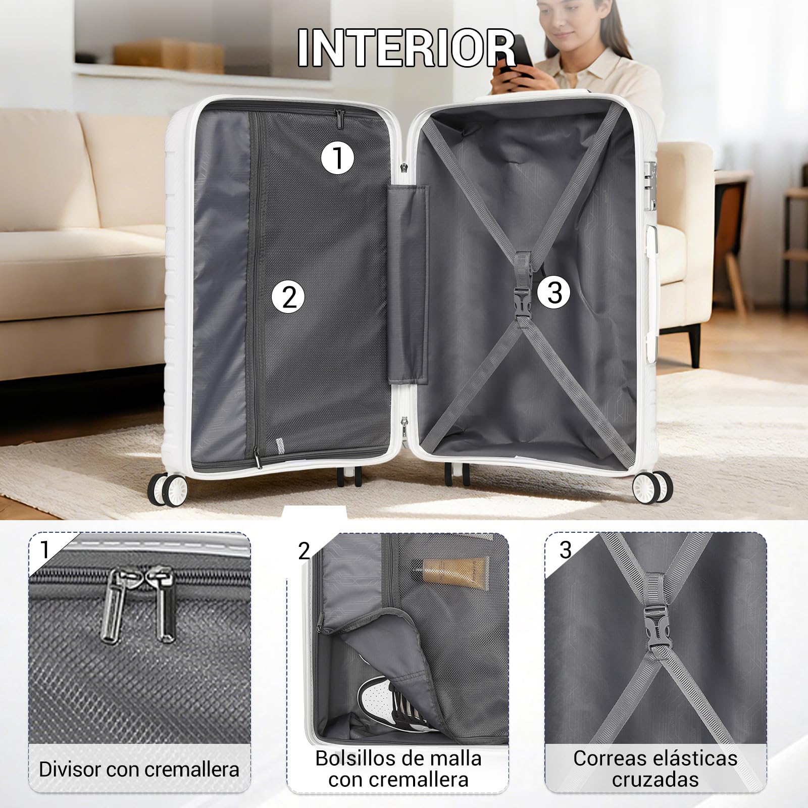 Kono Maletas de Viaje Grandes 23 Kilos, de PP Ligera y Resistente, Maleta Grande 28 Pulgadas con Textura Brillo/Mate, Elegante y Moderna, Cremalleras, Candado TSA y Ruedas TPE (Blanco)