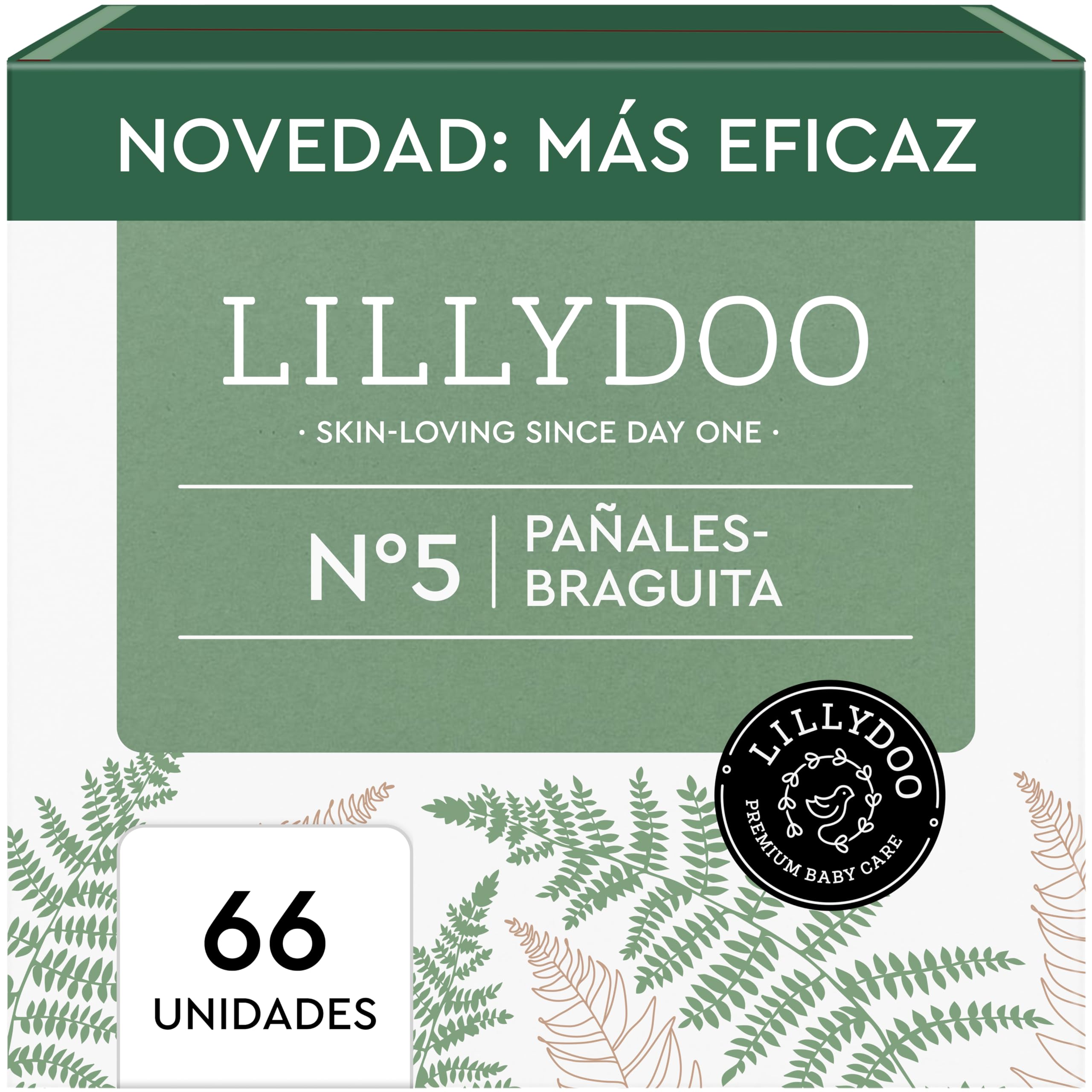 Pañales-braguita LILLYDOO green – talla 5 (11+ kg), caja de medio mes (66 unidades), protección contra fugas, suaves con la piel, sin cloro ni lociones y testados dermatológicamente