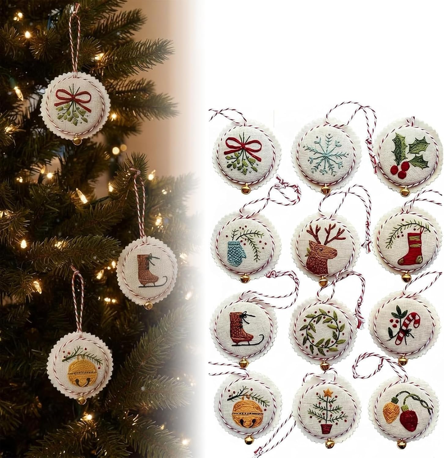 Christmas Embroidery Kit, 12PCS DIY Ornament Set for Beginners | 12PCS pre-printed embroidery kit with threads, needles and ribbons for beginner Christmas ornaments