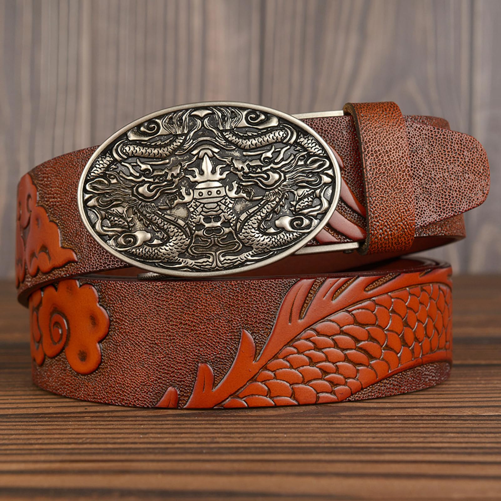 Cinturón De Vestir Con Estampado Cocodrilo Y Hebilla Automática Deslizante, Grabado 3 Caimanes, Hecho A Mano En Piel Vaca Auténtica,5 Cm Ancho