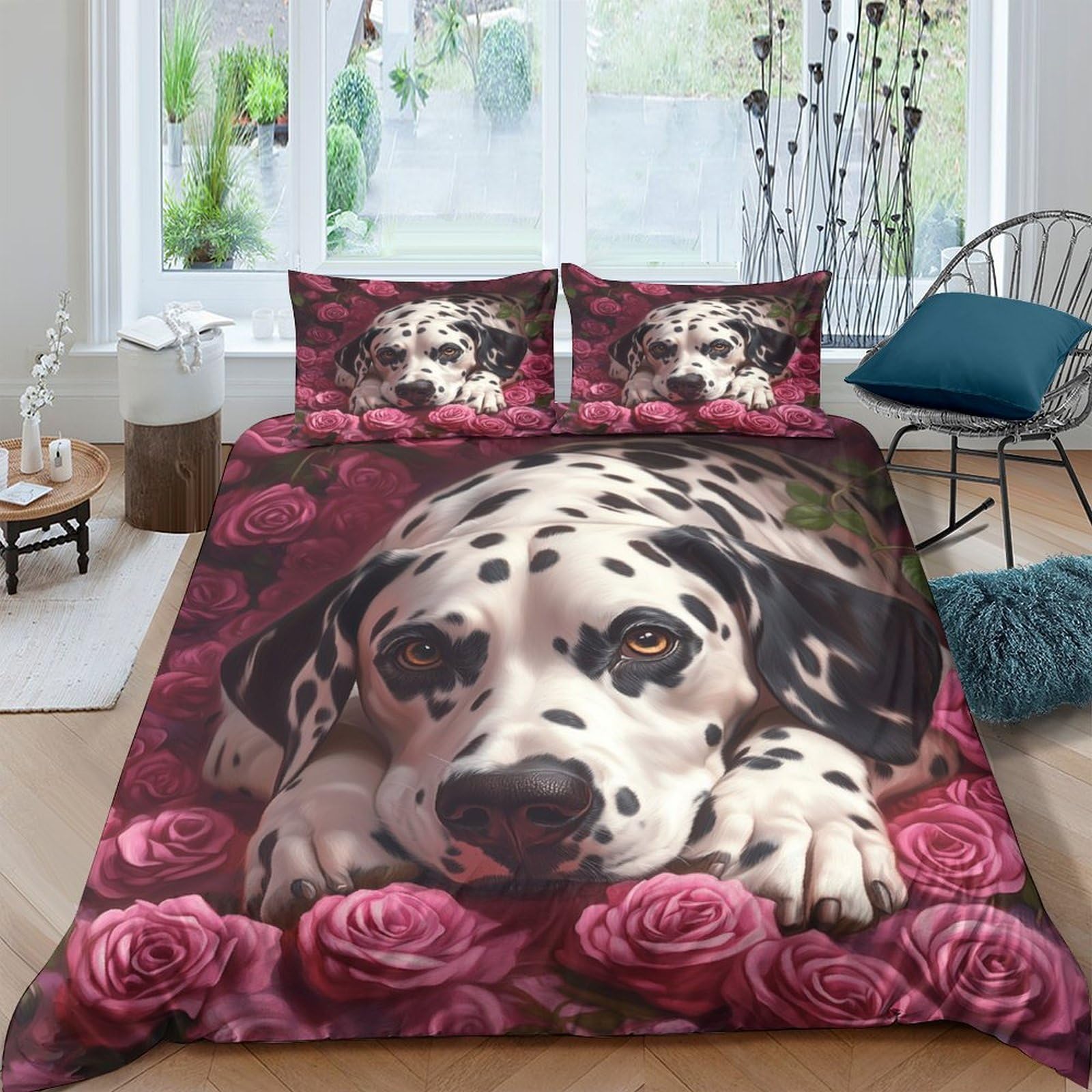 Ctjqhvkz Style-1 3D Printed Dalmatian Dog Fitted Sheet Microfiber Rose Pattern Bed Cover For Bedroom Guest Room Mattress Protection Decor Single（135X200cm）
