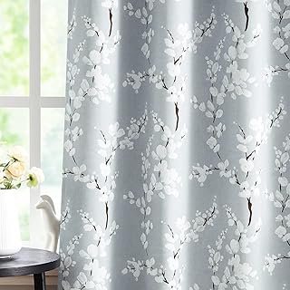 Fmfunctex Grey Floral Blackout Curtains for Bedroom 54 inch Drop Eyelet Curtains for Living Room Nursary Blossom Thermal Insulated Window Curtain Panels 2 Panels White on Grey