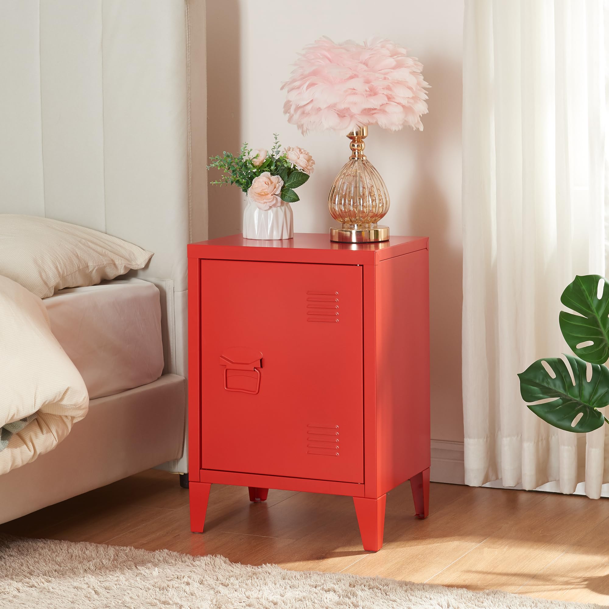 [en.casa] Comodino in Acciaio con Scomparto Chiuso con Anta Tavolino Laterale da Divano Mobiletto Notturno da Letto Tavolino Basso da Ingresso 57 x 40 x 30 cm Rosso