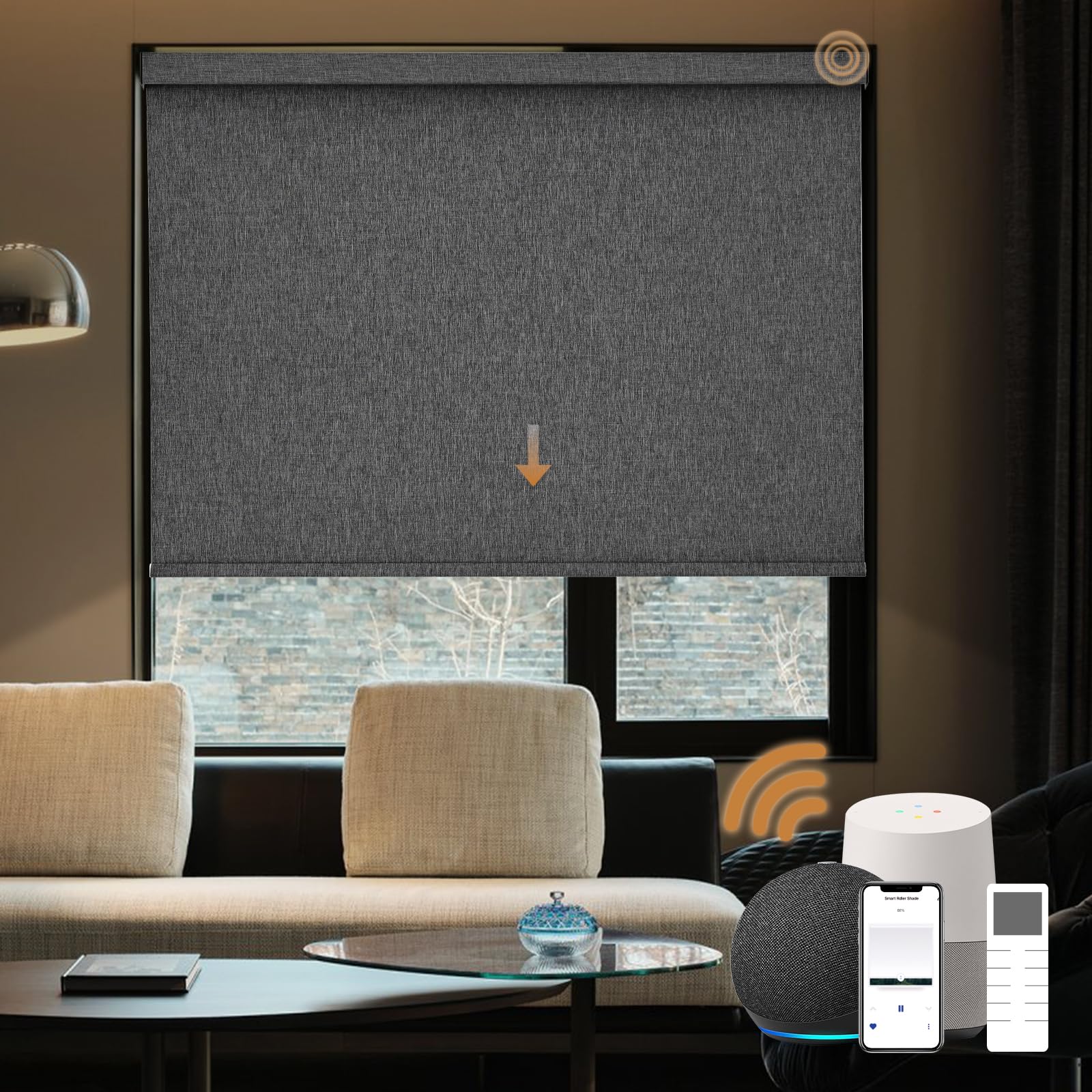 Smart Stores occultants motorisés avec télécommande – Stores à enroulement électrique de taille personnalisée pour fenêtres (tissu gris anthracite) – 50,8 cm, 279,4 cm de large, compatible avec les