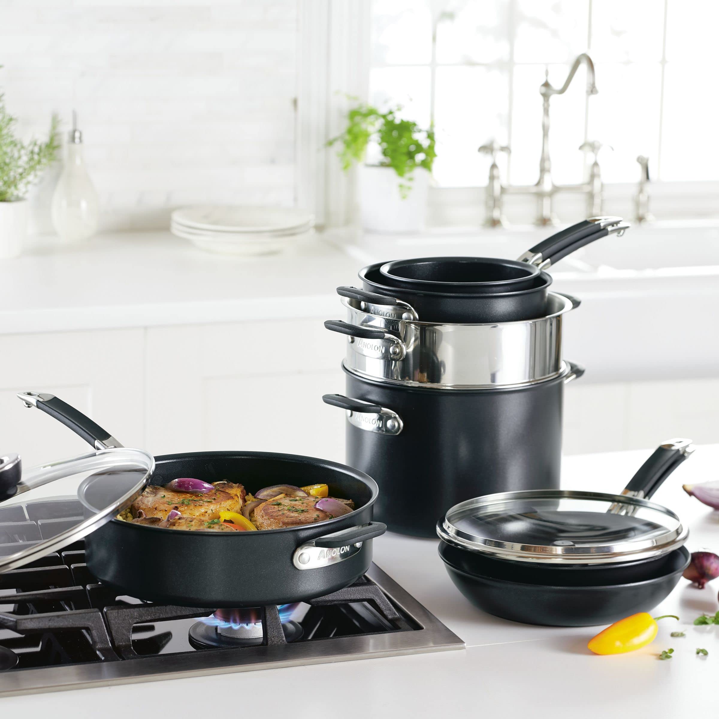 Stack Induction Cookware Anolon Smart Stack Hard Anodized Nonstick Cookware, 11 Piece Set, Black