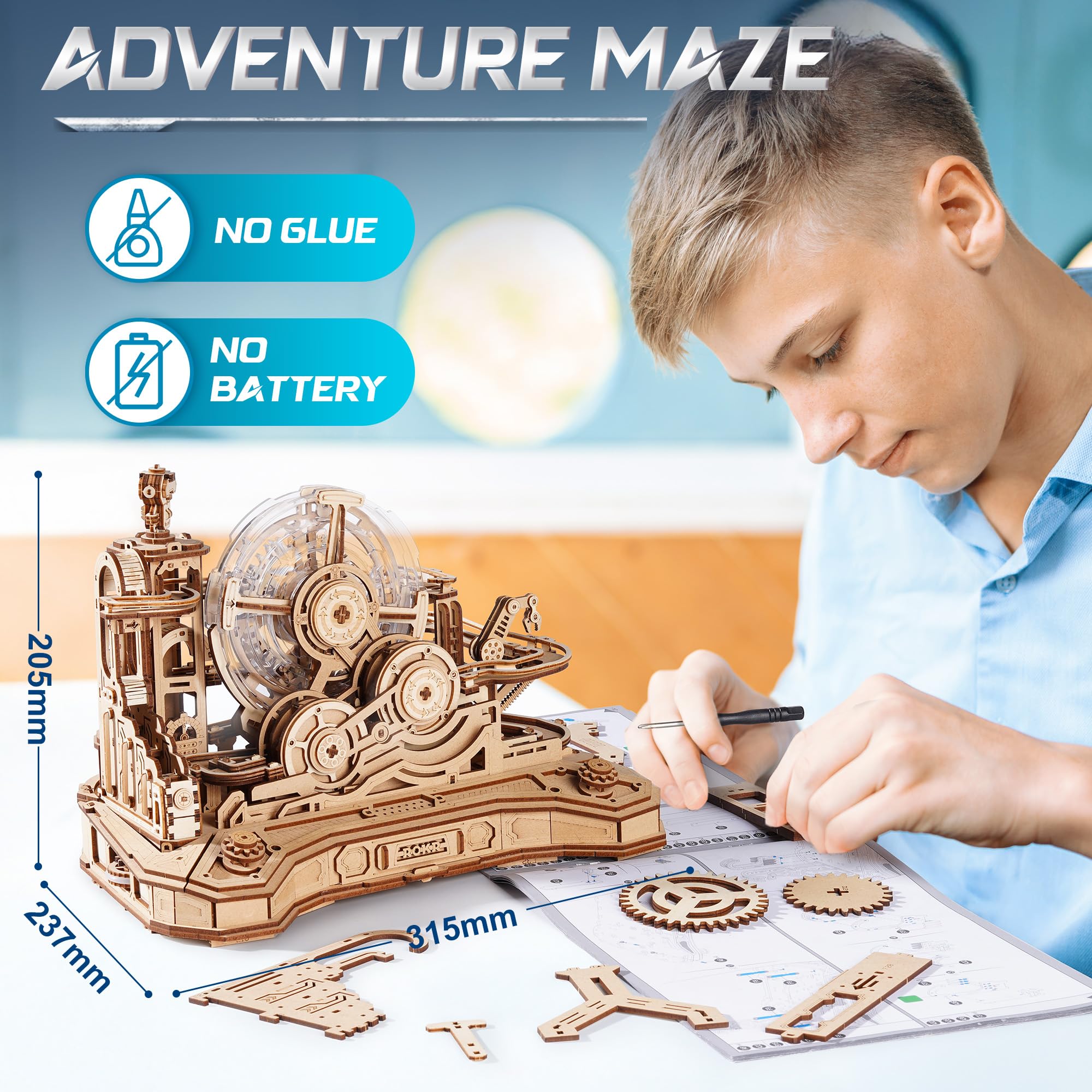 ROKR Puzzle drewniane 3D Marble Run zestawy modeli dla dorosłych do budowania, zabawka budowlana Gear Ball Challenge, prezenty dekoracyjne DIY na biurko dla mężczyzn i dzieci