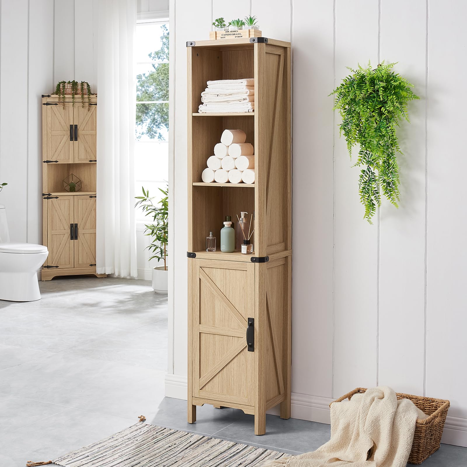 Minifeel Bathroom Storage Cabinet, 5-Shelf Farmhouse Storage Cabinet with Barn Door&Adjustable Shelves, Bathroom Organizer for Living Room, Kitchen (