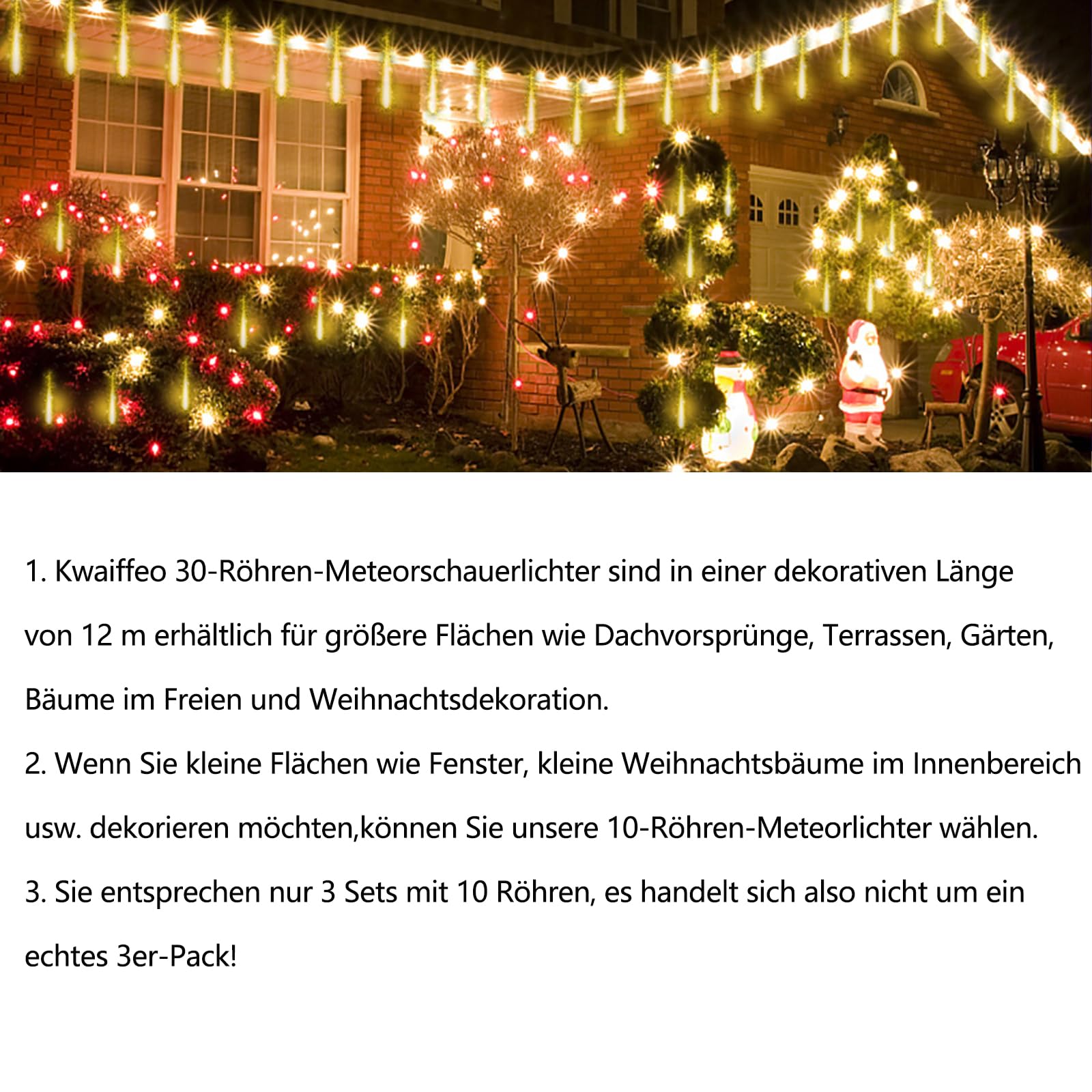Kwaiffeo Weihnachtsbaum Lichterkette deko：30 Röhren Meteorschauer Lichterkette(Äquivalent zu 3 Sätzen von 10er-Röhren)- Wasserdichte Eiszapfen lichter für Erntedankfest Neujahr Hochzeit, Warmweiß