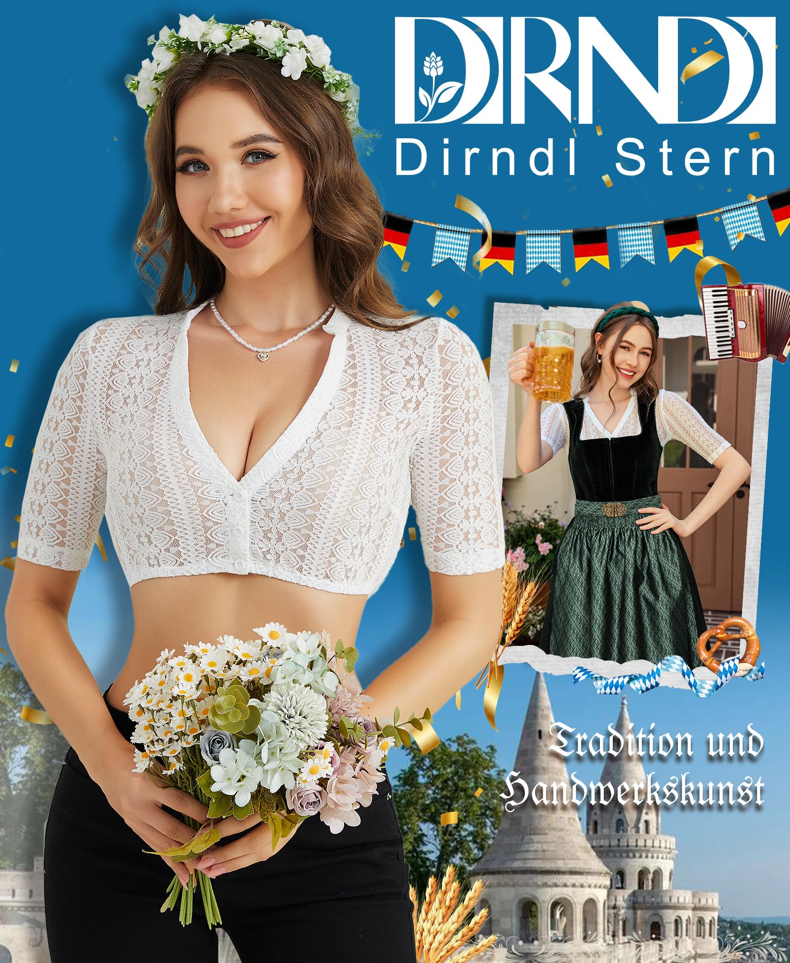 DIRNDLSTERN Dirndlbluse Damen Spitze Weiß - Trachtenbluse Halbarm Bluse mit V-Ausschnitt für Oktoberfest