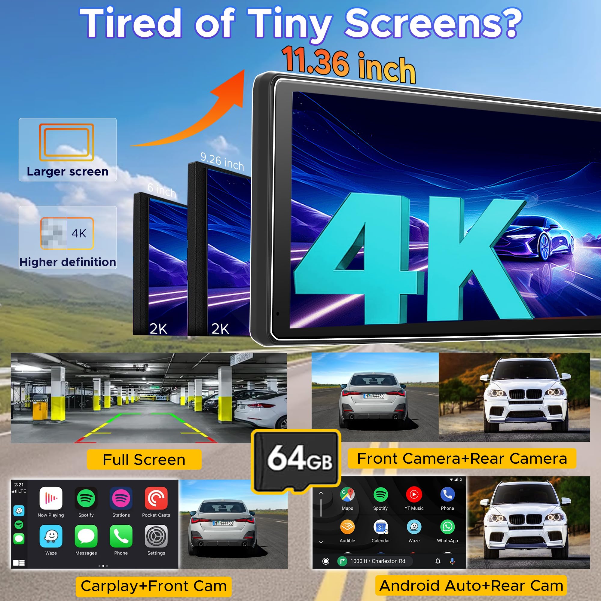 Autoradio 11.36" sans Fil Carplay Android Auto Airplay Caméra Dash Cam 4K avec Caméra de Recul,IPS Écran Tactile, Enregistrement en Boucle,Navigation GPS,Bluetooth,FM,AUX