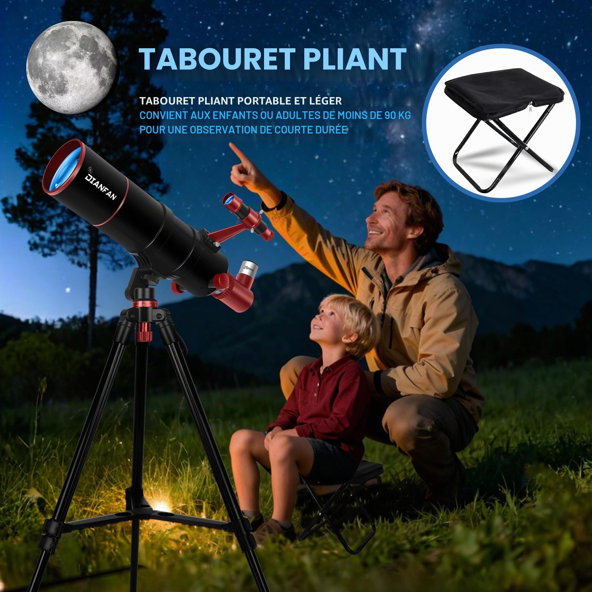 Dianfan Télescope 90/550 Astronomique pour Adultes, Télescope Réfracteur Portatif pour Débutants avec Monture AZ, Trépied, Adaptateur pour Smartphone, Sac de Transport et Tabouret Pliant
