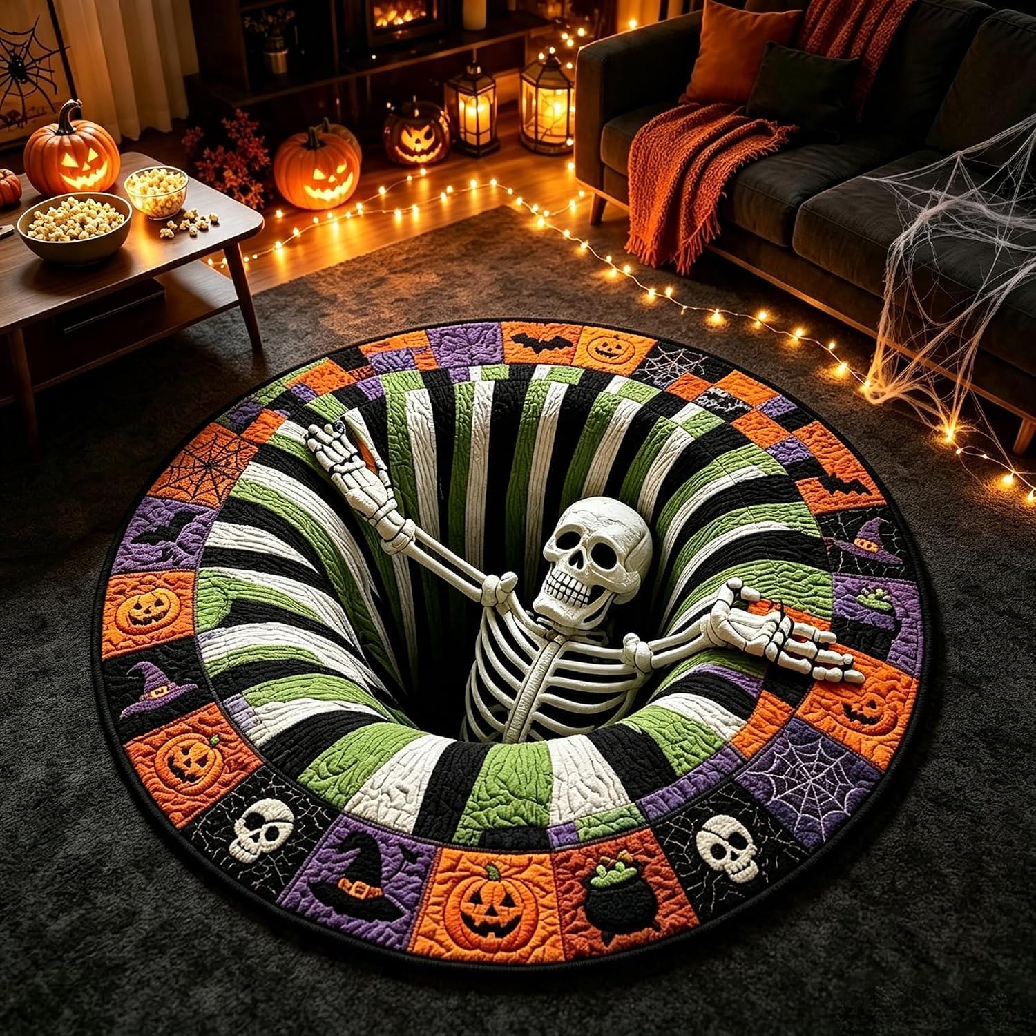 3D Skeleton Bottomless Illusion Rug, Spooky Halloween Home Decor, Soft non-slip fabric indoor round decor. Perfect for living room, kitchen or bathroom. Features a spooky depth pattern-(60*60cm)