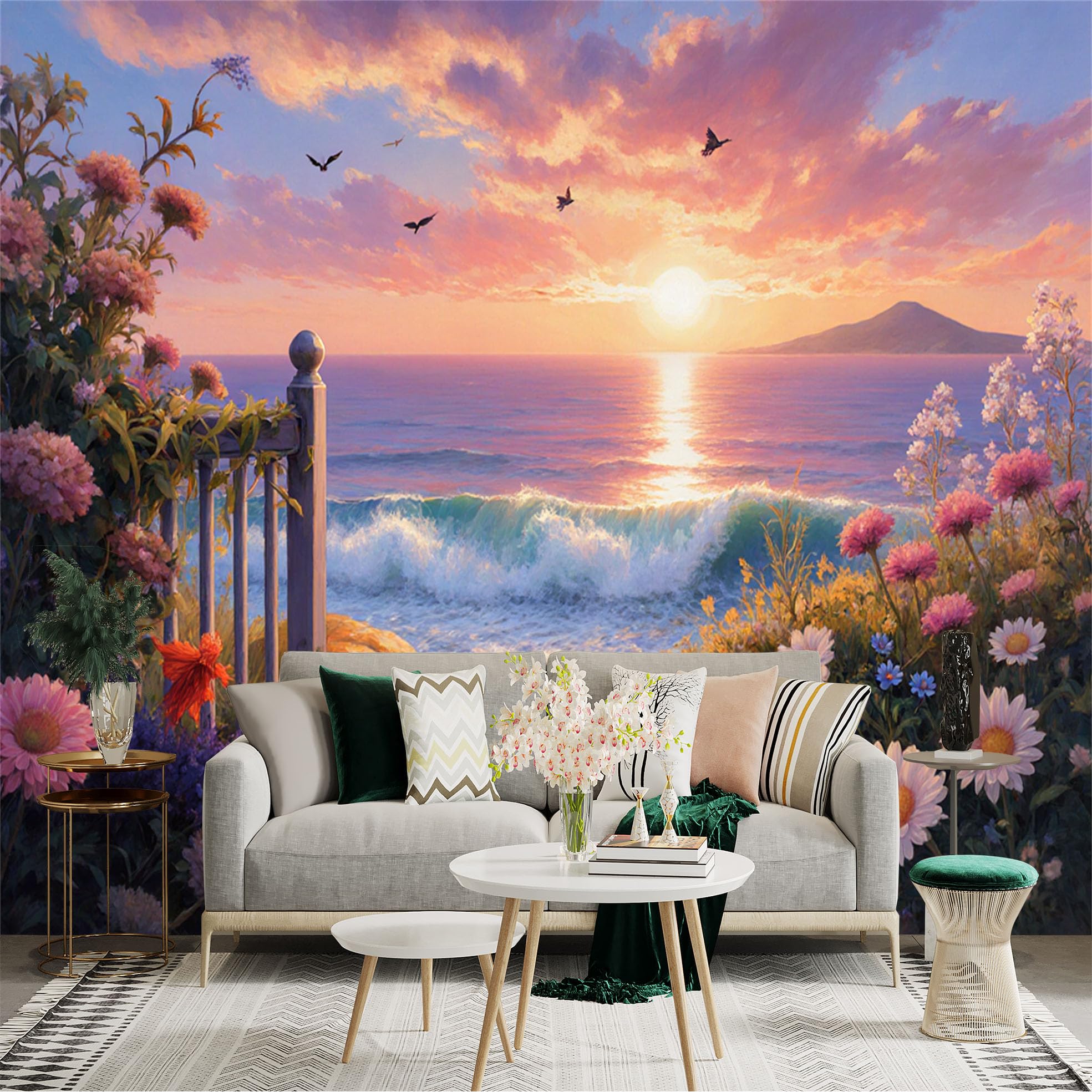 Custom Size Wall Sticker Mural， Sunset Ocean View with Flowers， Waves and Birds， for wall Decoration， peelandstick wall Decals.