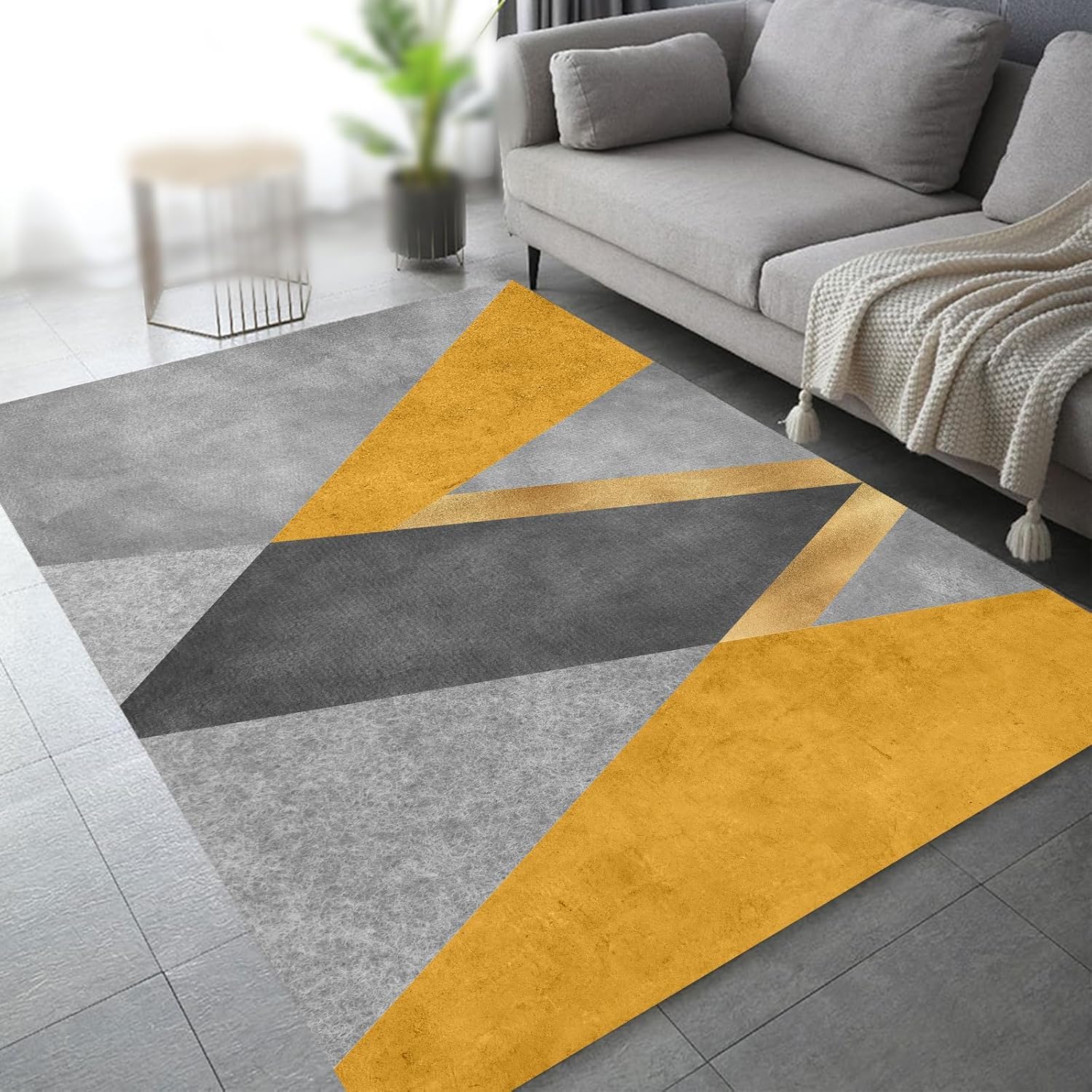 SRTJURFG Area Rug Large Soft Washable 200 x 250 cm Rectangle Rugs for Living Room Bedroom Playroom Office Dining Room Home Decor Carpet Modern geometric gray yellow
