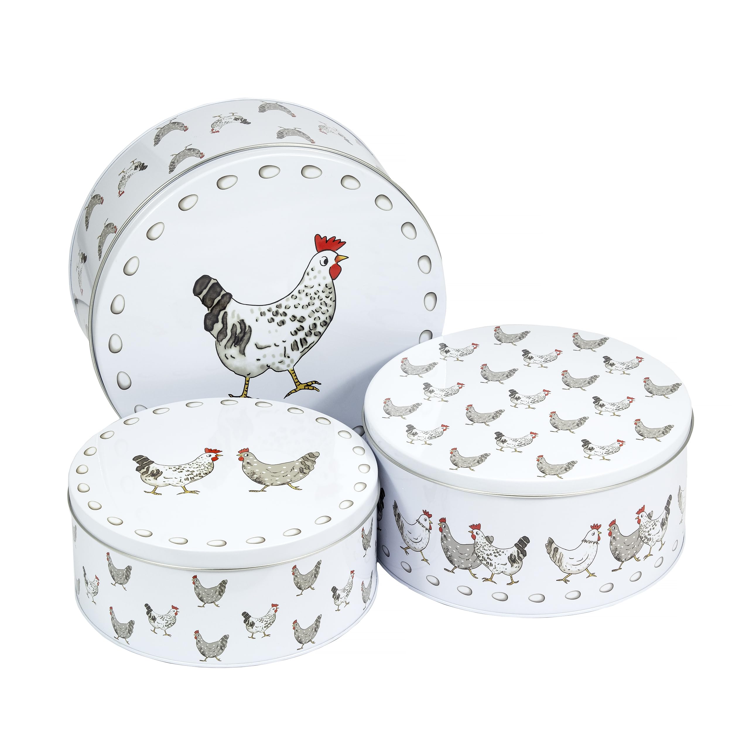 SPOTTED DOG GIFT COMPANY Puszki do przechowywania ciast, zestaw 3 okrągłych puszek na ciasto, do przechowywania ciast, ciastek i słodyczy, pojemniki o tematyce kurczaka z hermetycznymi pokrywkami