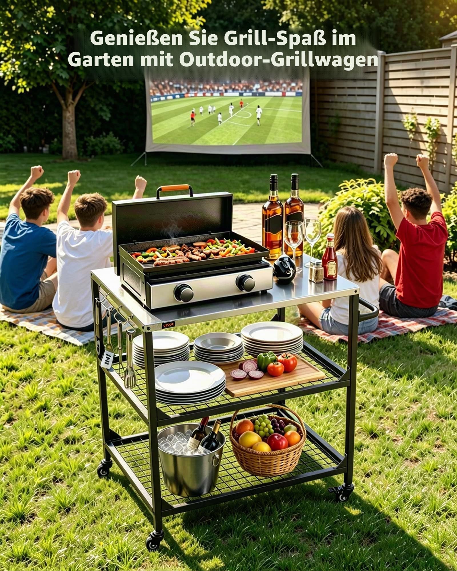 VEVOR Grillwagen Outdoor 80x61 cm (Tischplattengröße), Rollbarer Grilltisch mit seitlichem Griff & 2 Gitterablagen & 4 Rädern, Grillvorbereitungstisch Servierwagen für Picknick Küche Garten