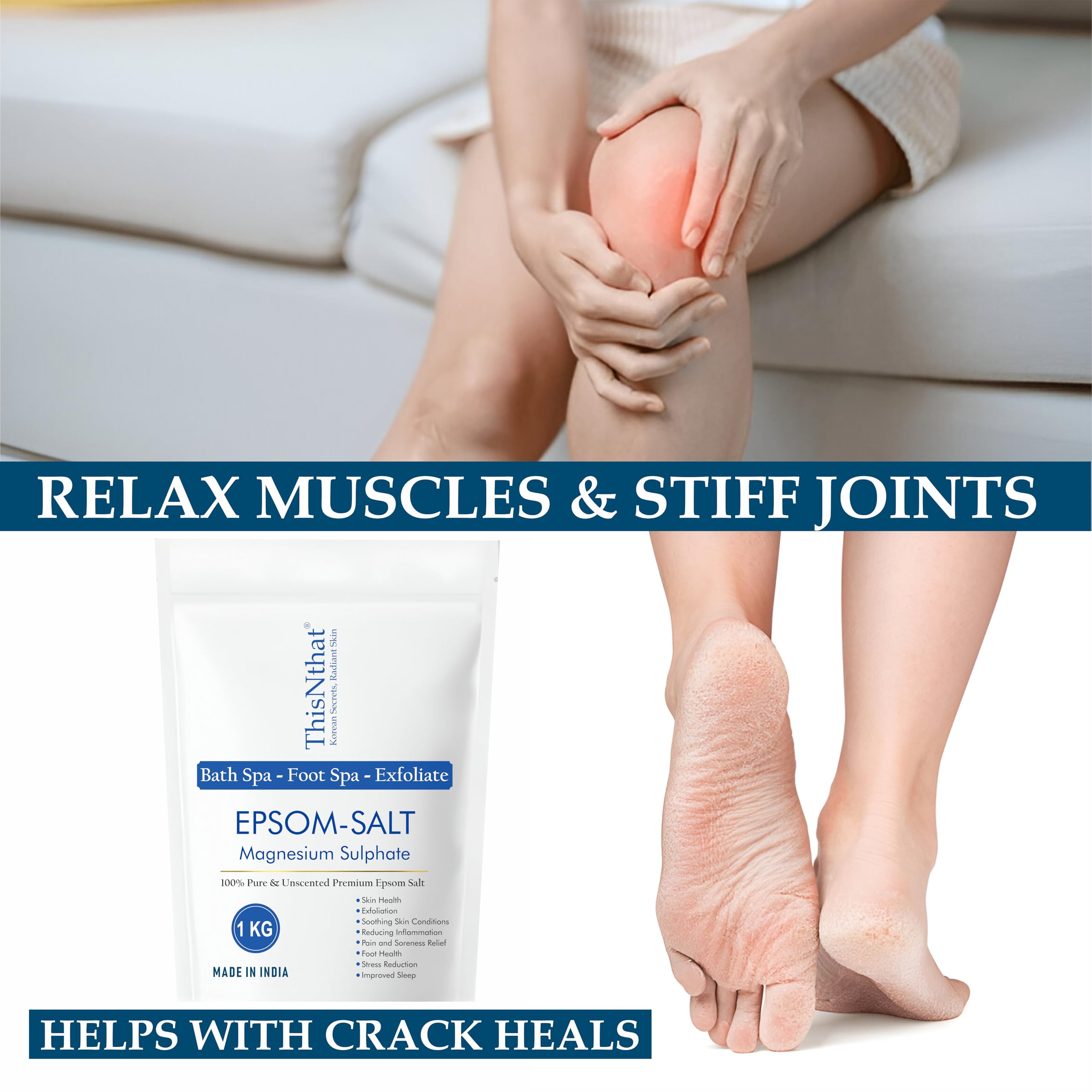 ThisNthat Korean Secrets, Radiant Skin Epsom Bath Salt – Pure Magnesium Sulfate Crystals – Muscle Relaxation, Stress Relief & Detox – Unscented Bath Soak 1 kg. 2