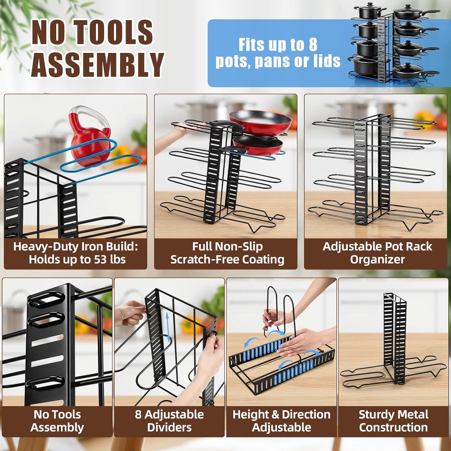 2 Pack Pot & Pans Organizer Kit for Cabinet, 8 Tier Adjustable Pot & Pans Organizer Rack, Expandable Cutting Board Storage Rack Baking Tray Cookie Sheet Holder with 14 Adjustable Divider Kitchen