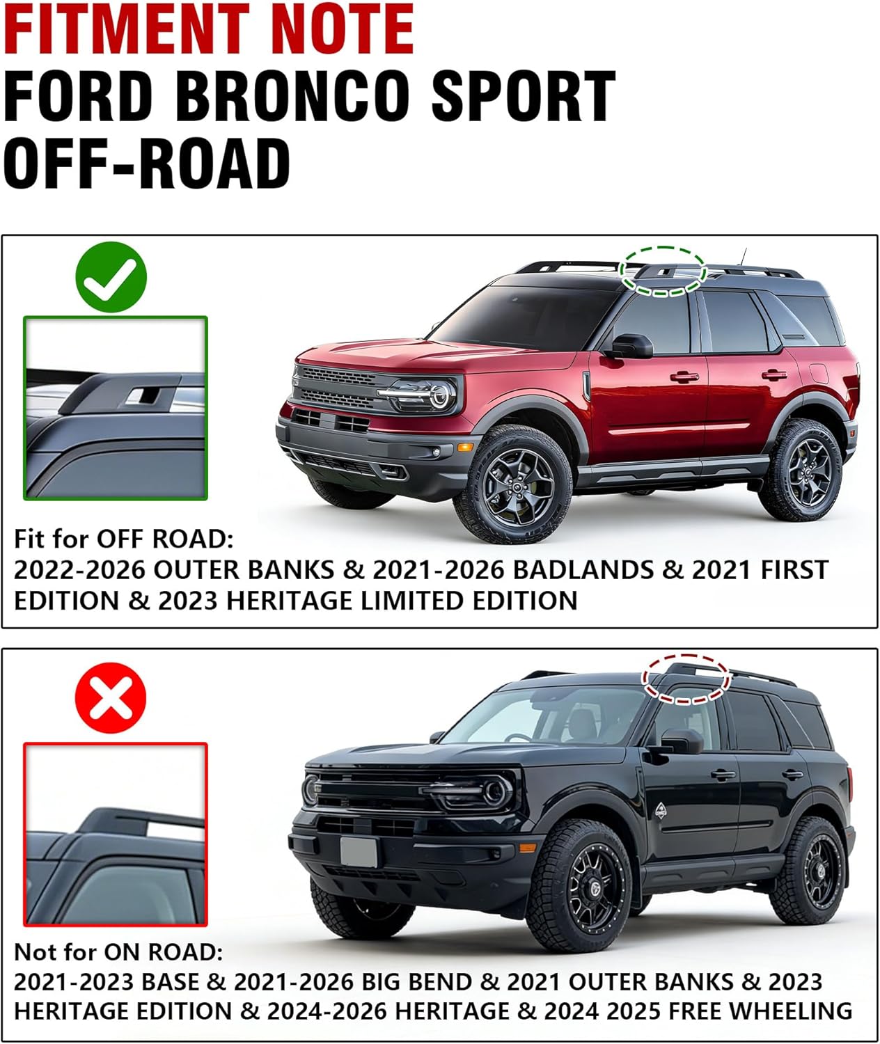 Roof Rack Cross Bars 330 lbs for Ford Bronco Sport Off-Road, Heavy Duty Aluminum, No-Drill Clamp-On, Low-Noise Aero Design, Fits Badlands 2021–2026, Outer Banks 2022–2026, First Edition 2021