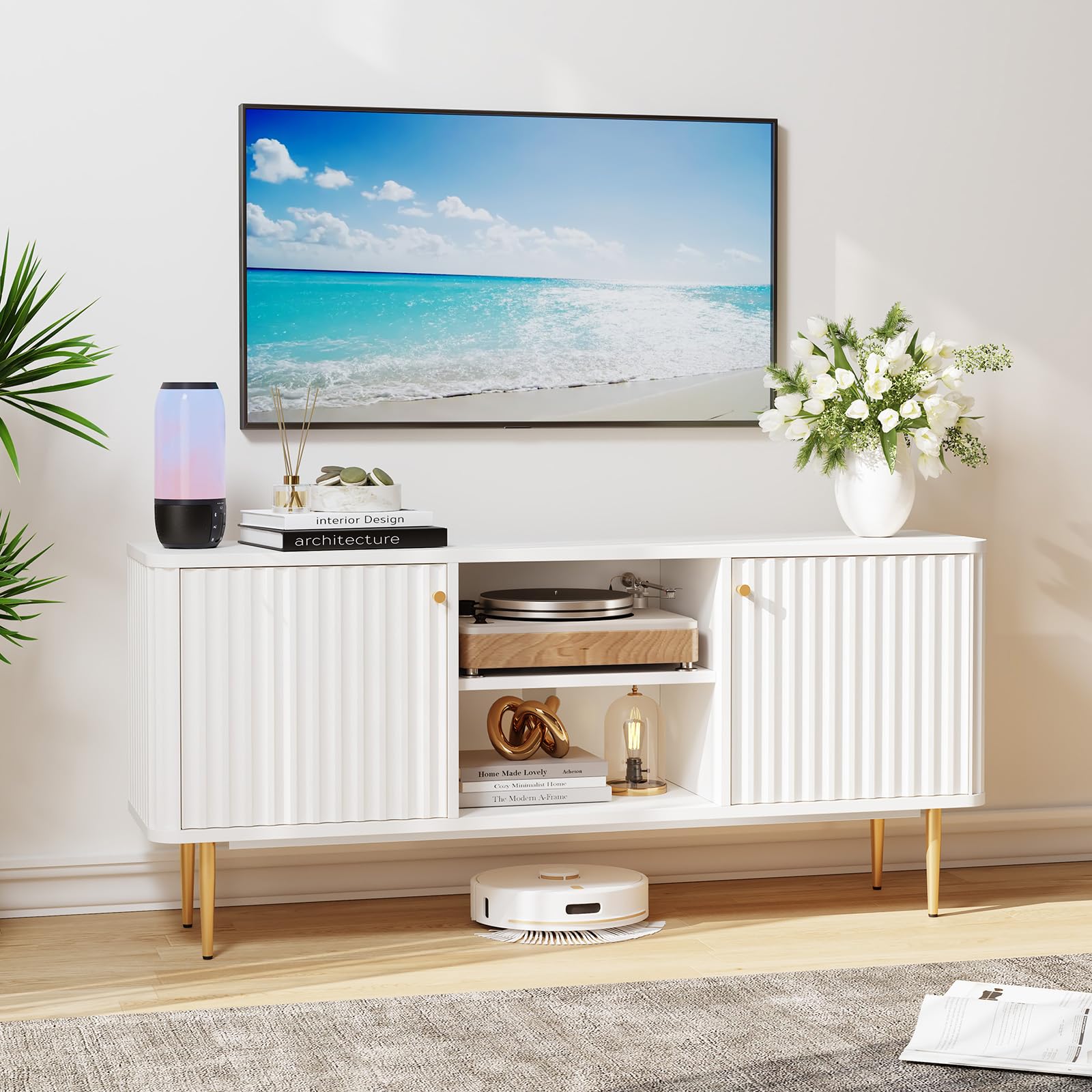 HOLTICO TV Stand Cabinet 55 Inch, Fluted Modern Wooden TV Console Unit with Storage and 2 Doors, White Cabinets for 55/60/65 Inch Television, TV Tables for Living Room, Bedroom