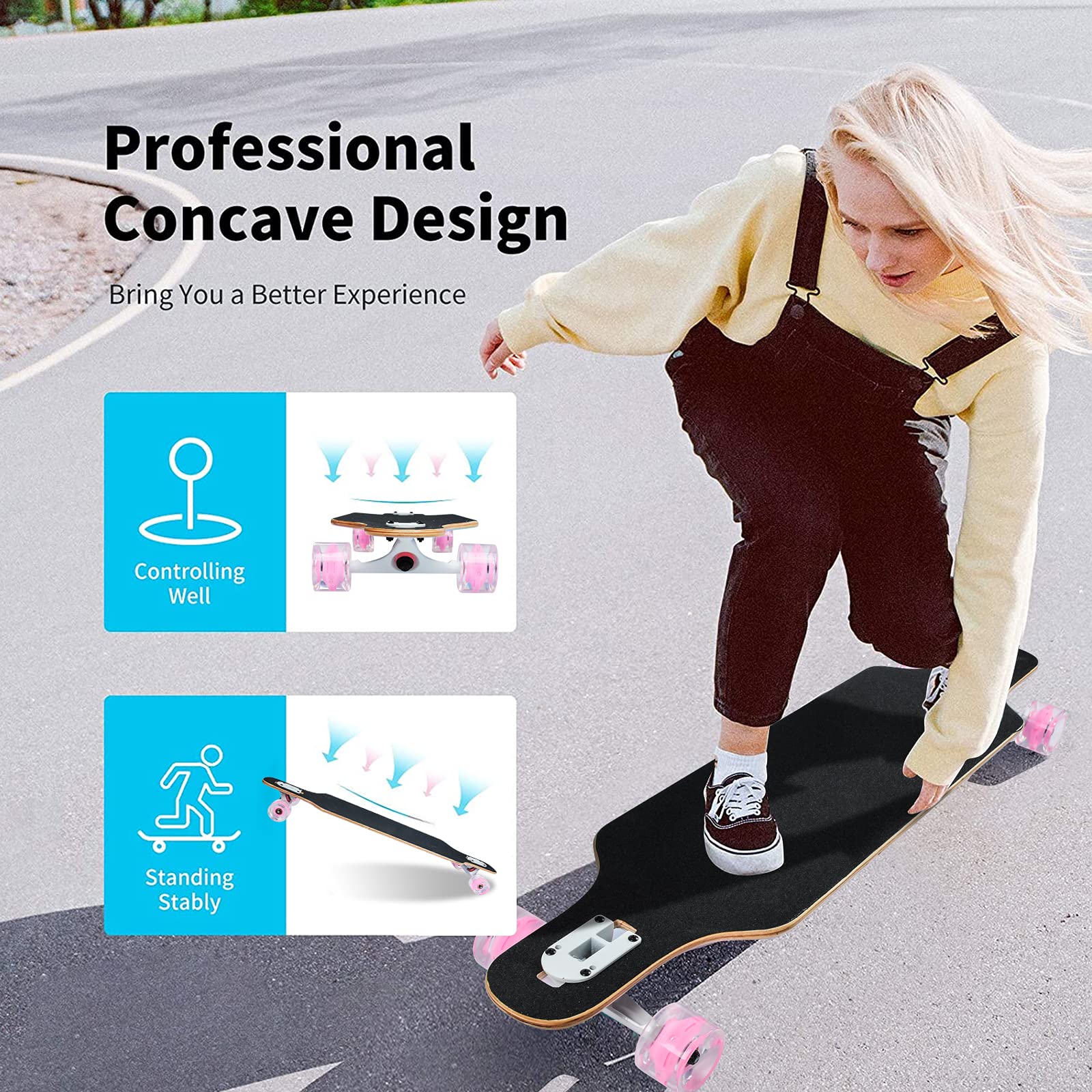 Longboard édition spéciale Board Complet y Inclus Outil en Forme de T,Érable Canadien 8 Plis, Roulements à Billes ABEC-11 High Speed, Drop-Through Freeride Skaten Cruiser Boards (Love)