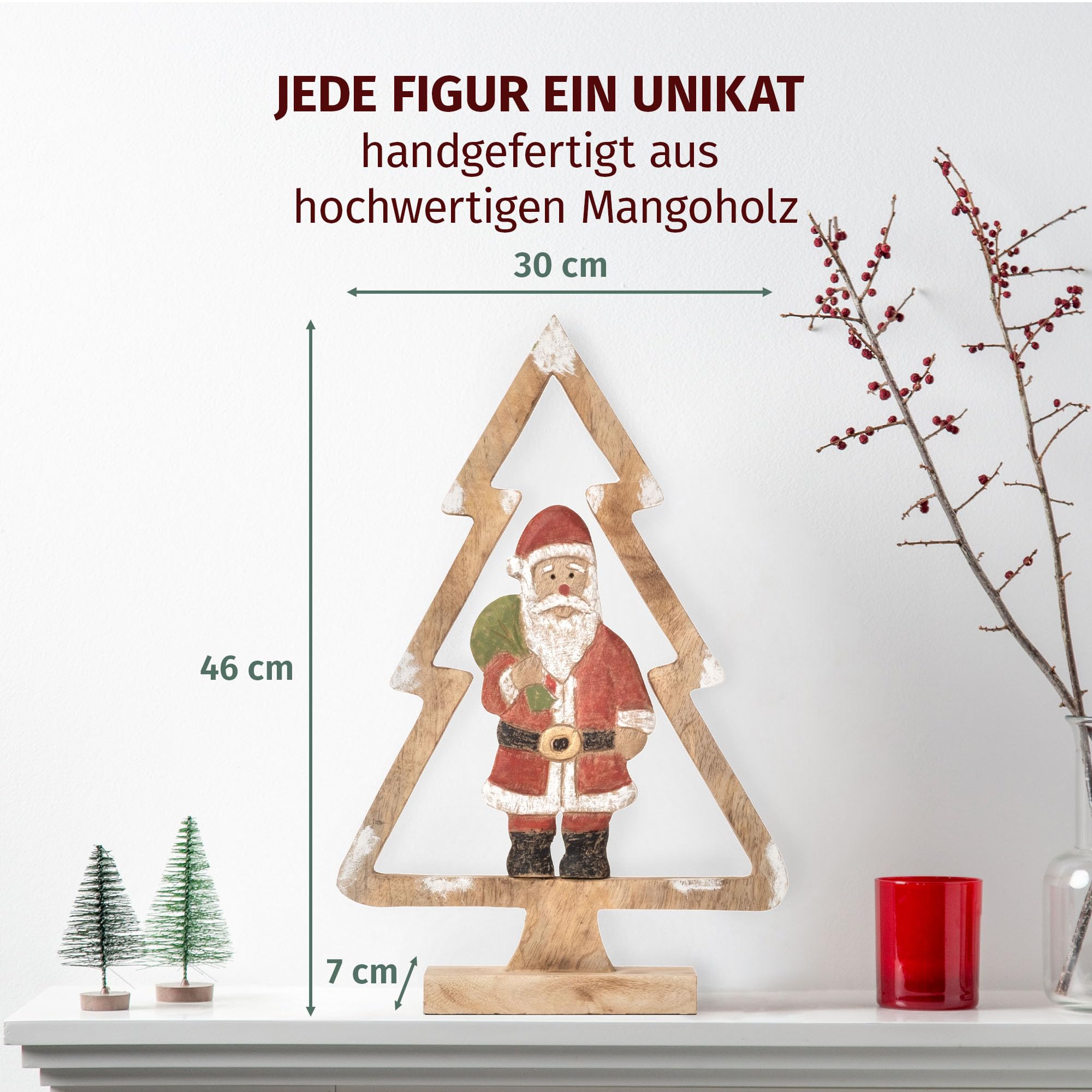Moritz Dekoracja bożonarodzeniowa drewniana figurka Świętego Mikołaja w ramie choinki, 46 cm, ręcznie wykonana z drewna mango, starannie malowana, zimowa figurka dekoracyjna w kształcie choinki, na