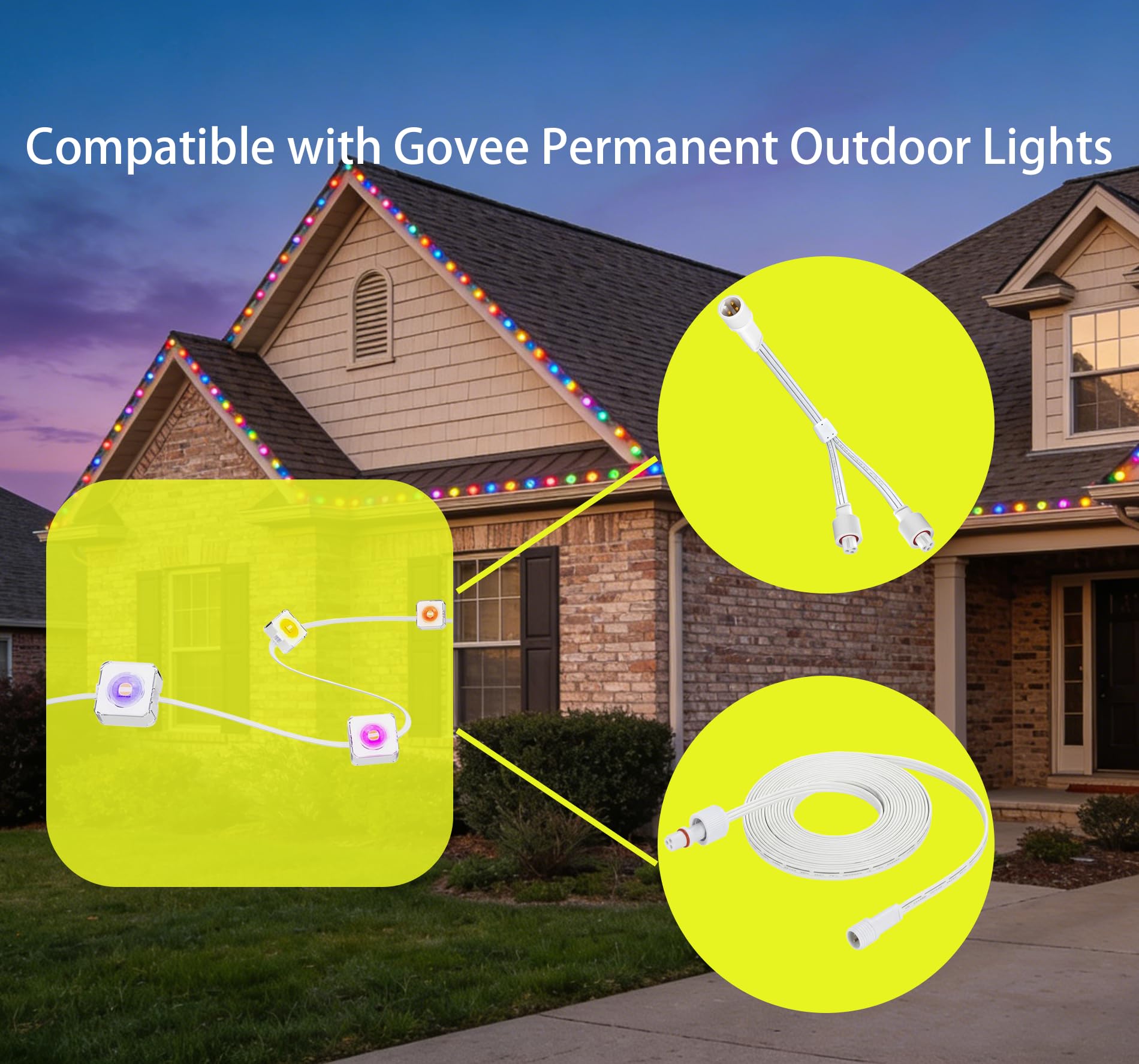 Línea de extensión impermeable IP68 de 1 separador macho y 2 hembra en forma de Y utilizado para lámpara permanente al aire libre de Govee es compatible con el separador en forma de Y Govee H705A