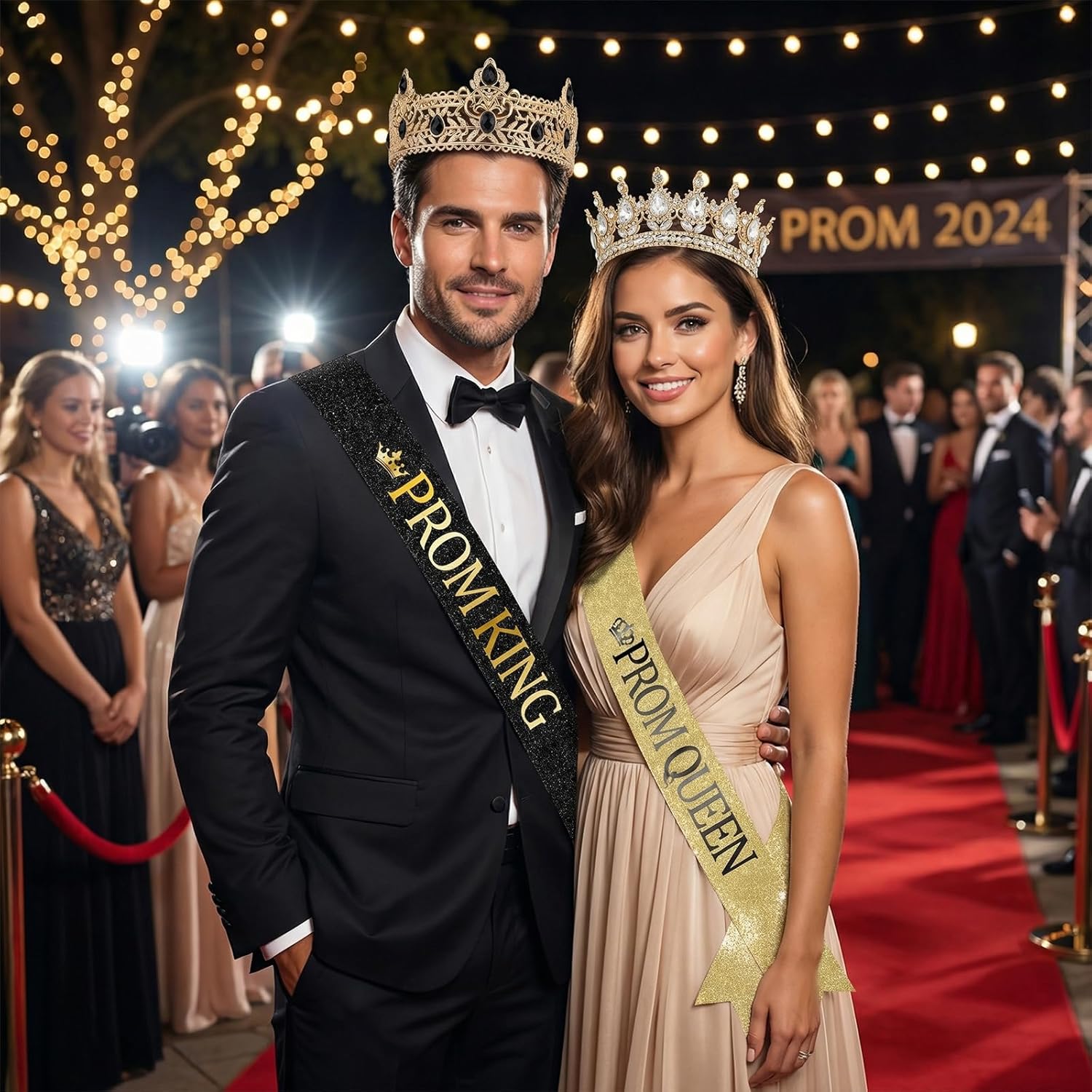 Prom King and Queen Crown Set - 4 Pcs Gold Crown Reinstone Tiara with Satin Sashes for Graduation Prom Accessories