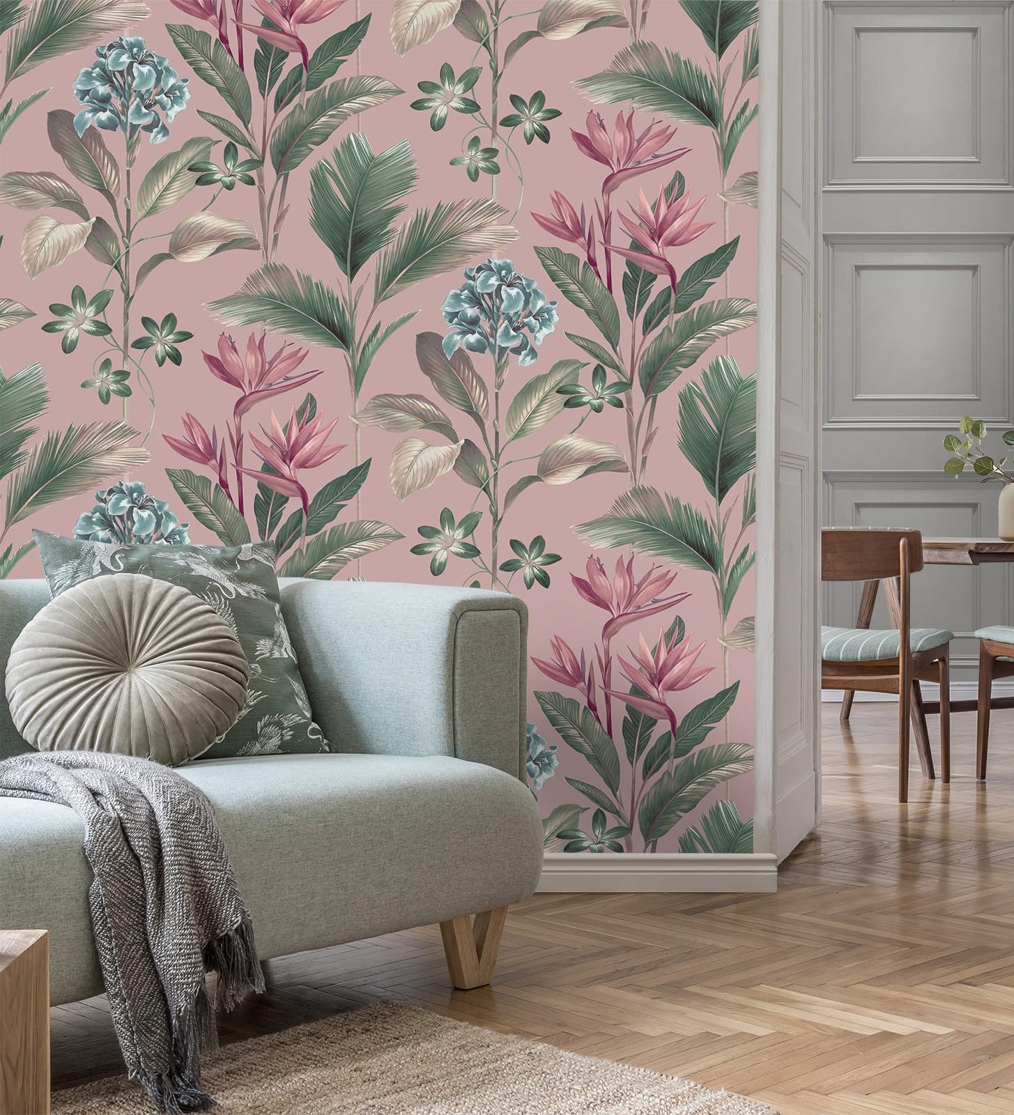 GAULAN 682877 - Carta da parati con fiori del paradiso e foglie in stile tropicale su sfondo rosa pallido per pareti soggiorno camera da letto corridoio - Rotolo di 10 m x 0,53 m