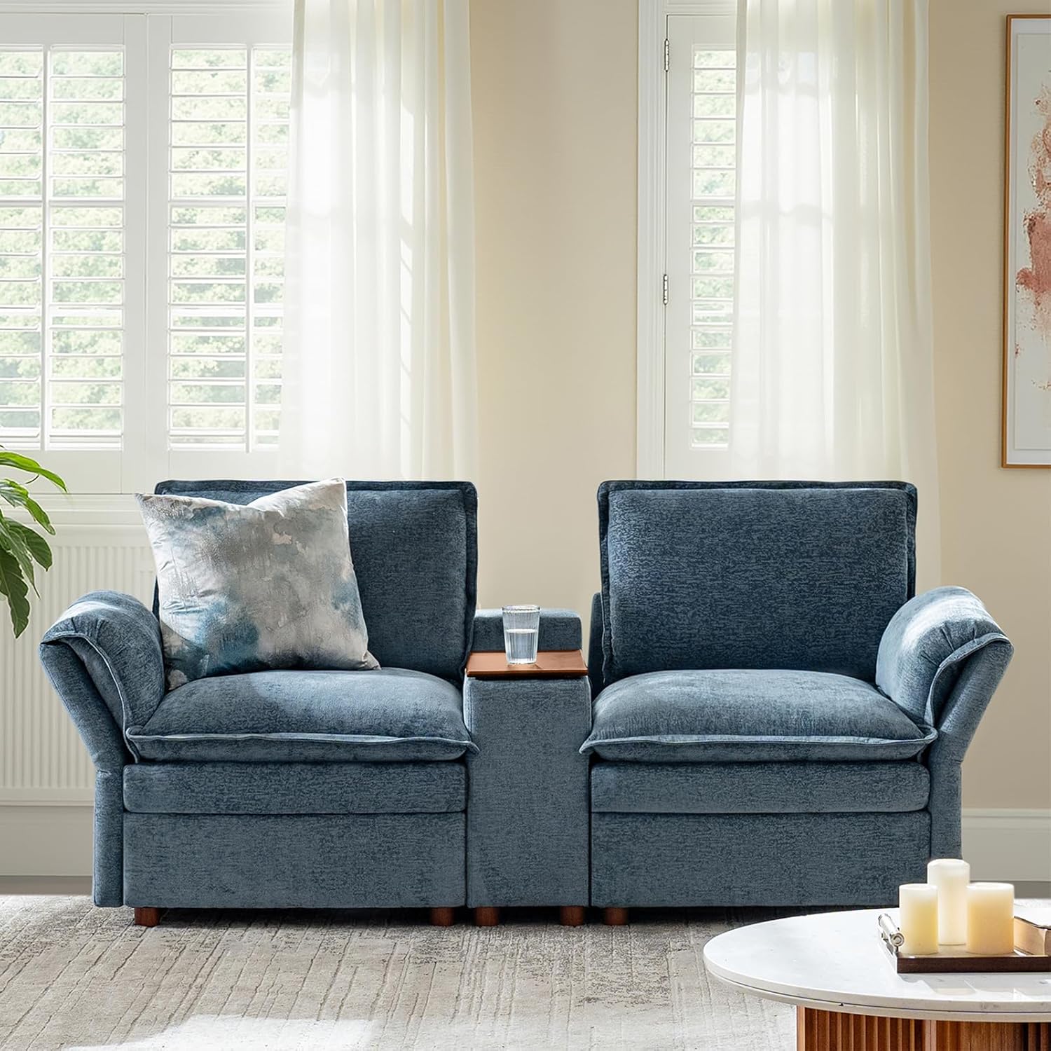 Modern Loveseat with Convertible Armrests & Storage Console, Modular Sectional Sofa with Wireless Charging & USB Ports for Living Room, 2-Seater, Blue