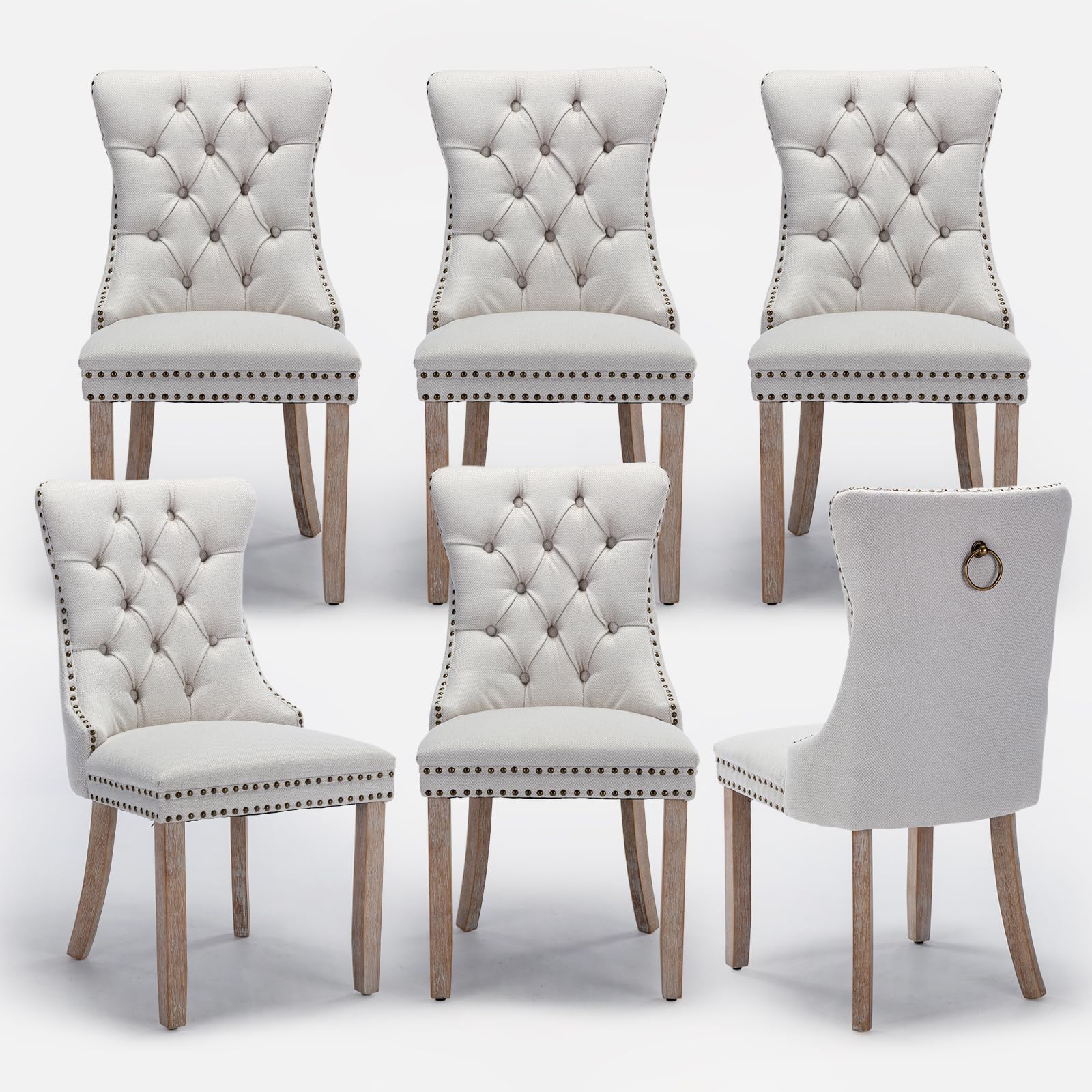 Lot de 6 chaises de Salle à Manger rembourrées en Lin de Style Moderne avec Garniture en Clou et Pied en Bois, Anneau de Traction en métal pour Salle à Manger, Salon (Beige)