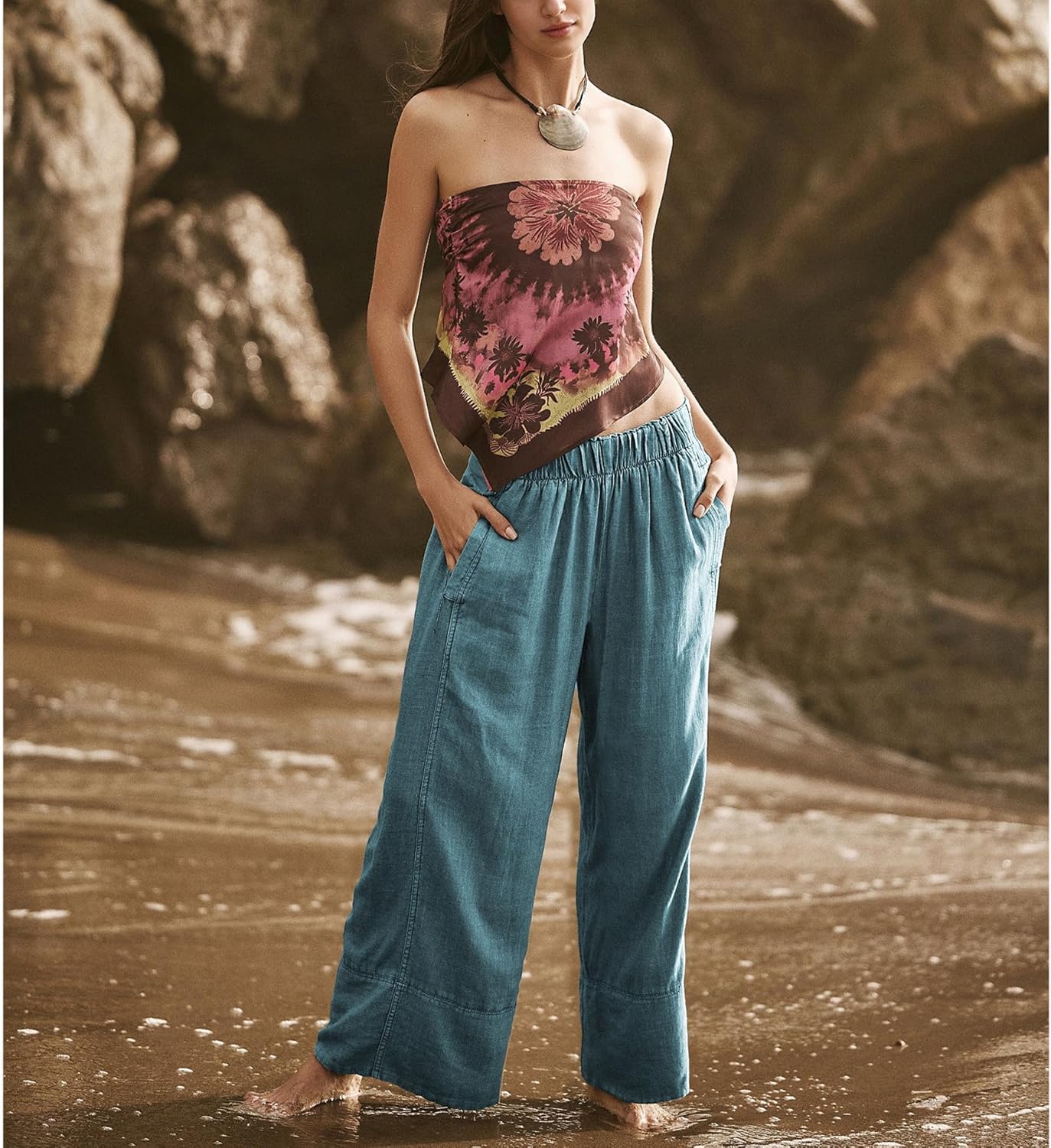 Songling Wide Leg Linen Pants for Women Summer Cotton Casual Palazzo Pant Boho Flowy Beach Pants with Pockets - Image 7