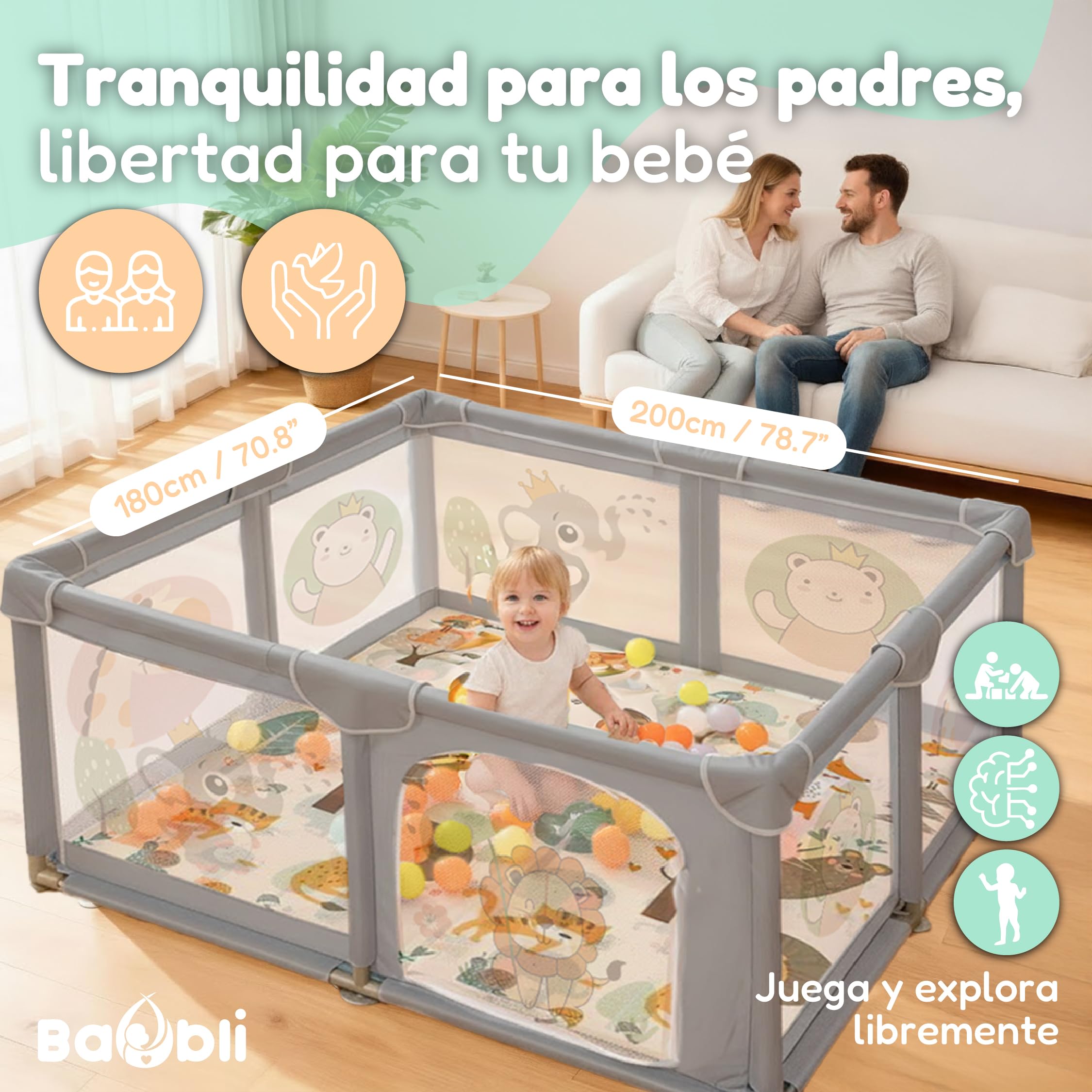 Parque Infantil Bebe 180x200cm + Alfombra Bebe + 60 Bolas + Agarraderas + Bolsas de Transporte – Corralito Bebe con Malla Transpirable – Parque de Juegos Bebe – Playpen Bebe (180x200cm)