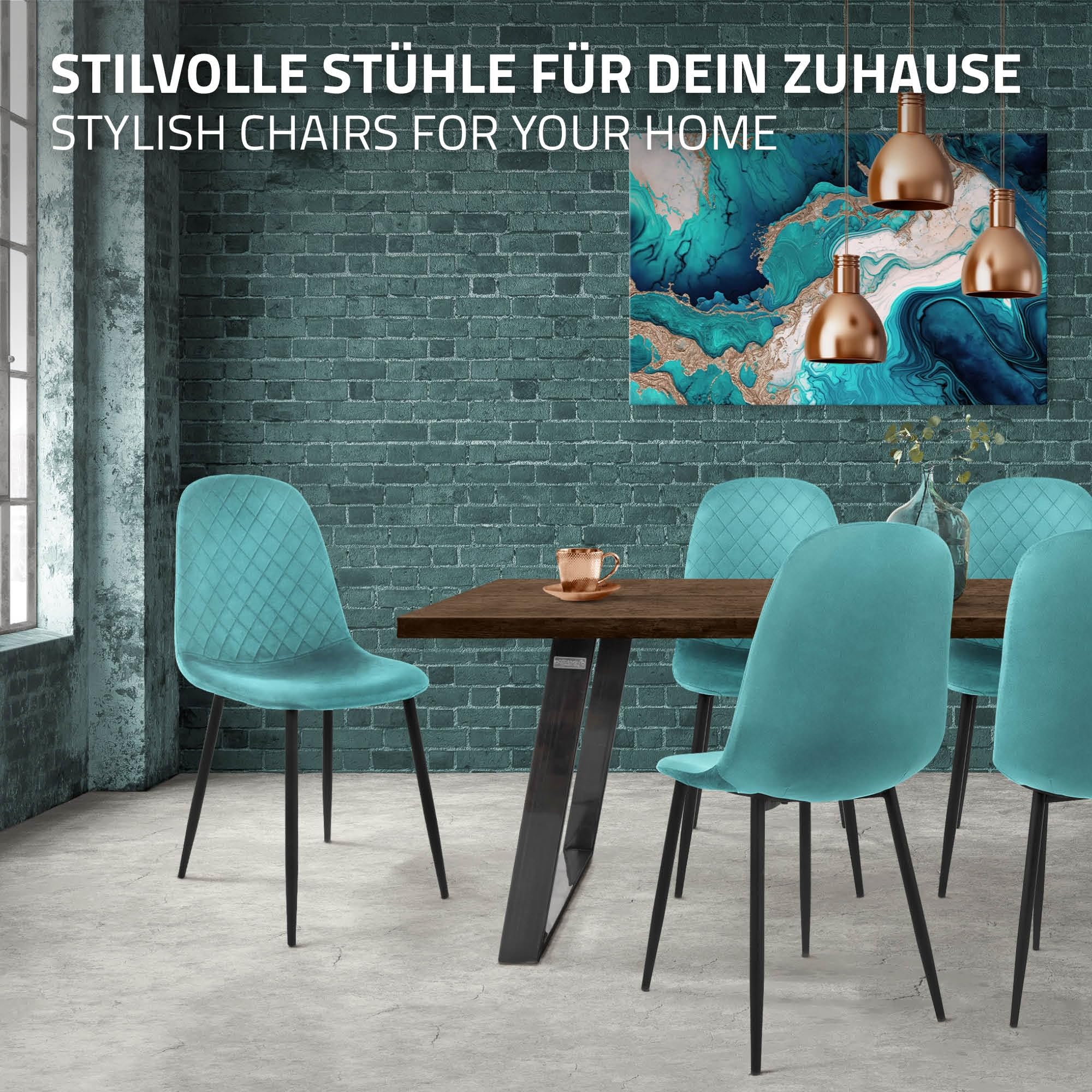 ML-Design Set di 4 Sedie per Sala da Pranzo Rivestimento in Velluto Petrolio Poltroncine da Cucina con Schienale e Gambe in Metallo Seduta Ergonomica Sedia per Soggiorno Salotto