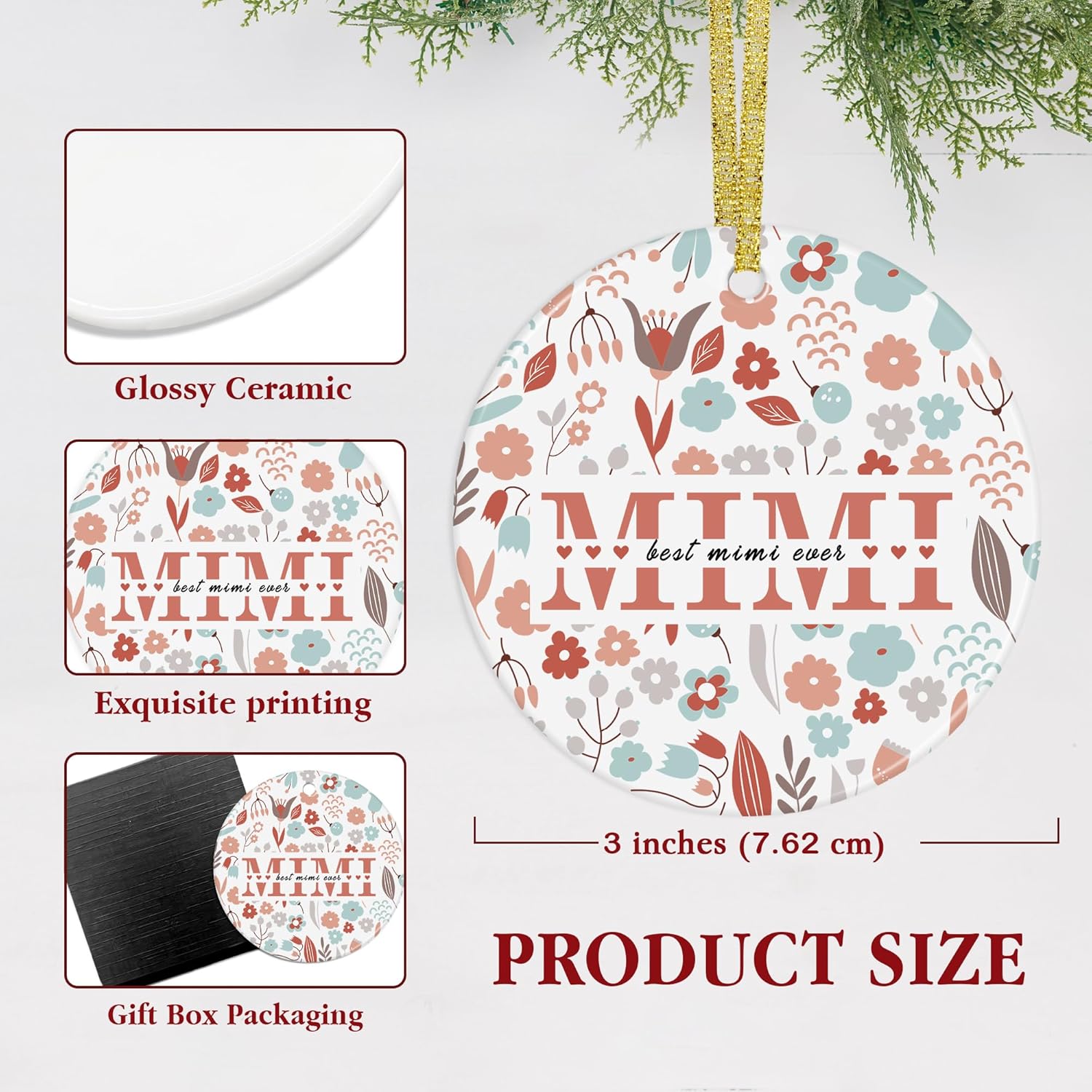 Best Mimi Ever Gifts Christmas Ceramic Ornaments Decor, Mothers Day Birthday Ornaments Gifts for Grandma from Grandkids, Grandma Mimi Floral Haning Ornament Decorations for Christmas Tree - Image 7