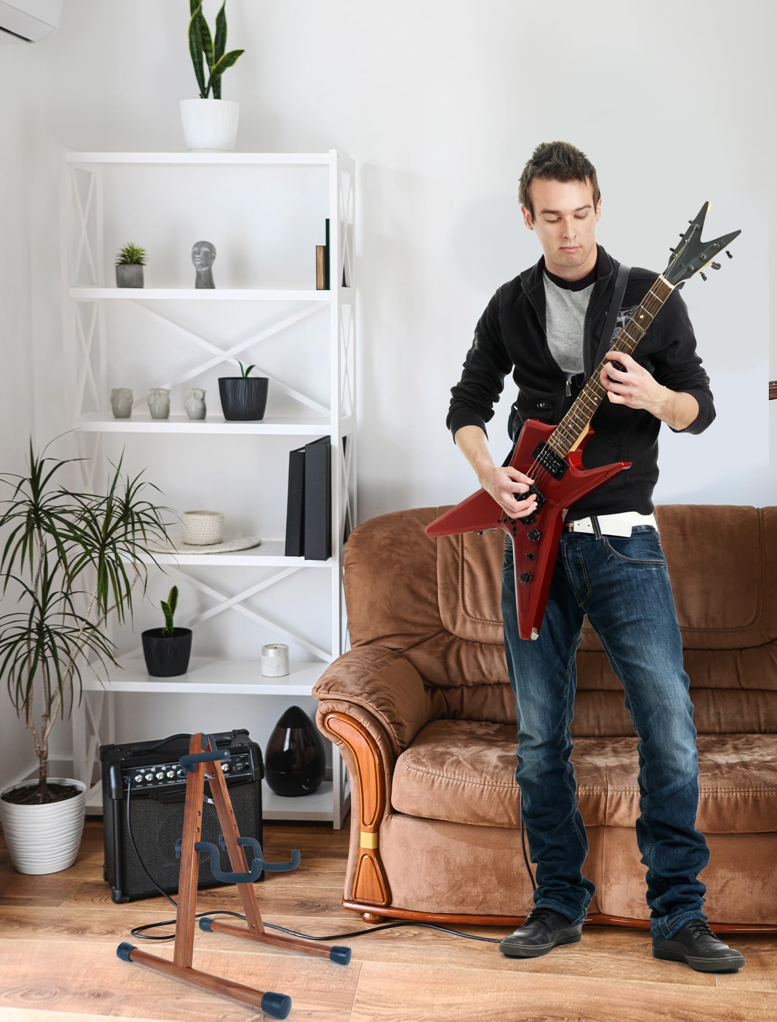 Universal E-Gitarrenständer, A-Form Bassständer mit Kippschutz & EVA-Polstern, E-Bass Halter passend für Kelly, Rhoads, Firebird, Explorer, Strandberg & extreme Formen, für Studio & Bühne