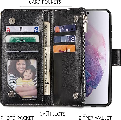 Miniatura 2 de UEEBAI Funda tipo cartera para Samsung Galaxy S21 FE 5G, funda de piel sintética con cierre magnético, bolsillo con cremallera, ranuras para