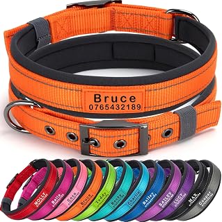 SEOUGEE Personalised Dog Collar with Name and Phone Number | Durable Metal Buckle | Ultra Wide Soft Neoprene Padded | Adjustable Reflective Dog Collar for Medium Dogs (L, Orange 47-57cm)