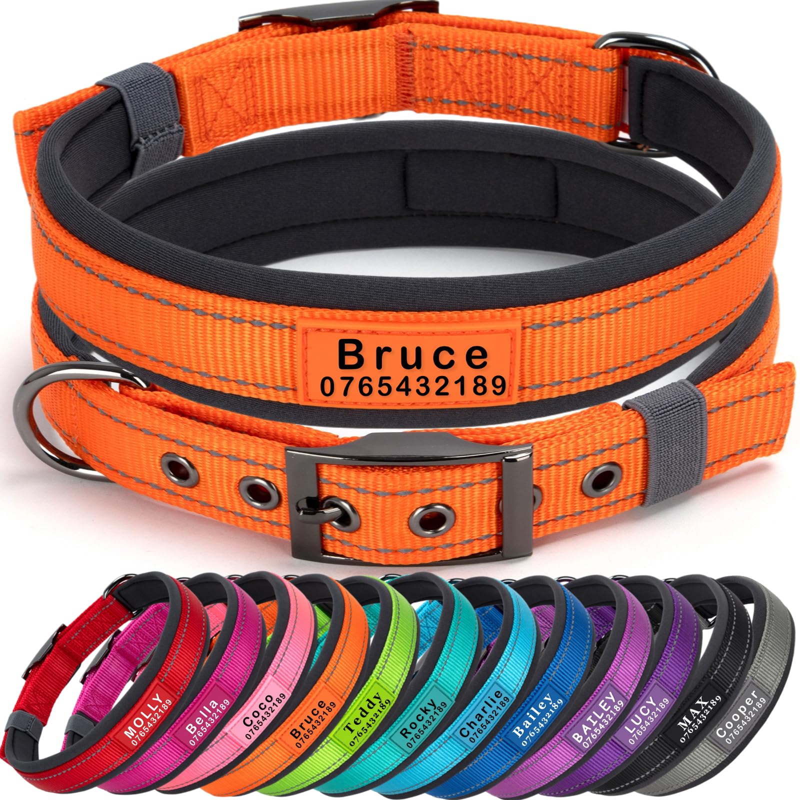 SEOUGEE Personalised Dog Collar with Name and Phone Number | Durable Metal Buckle | Ultra Wide Soft Neoprene Padded | Adjustable Reflective Dog Collar for Medium Large Dogs (L, Orange 47-57cm)