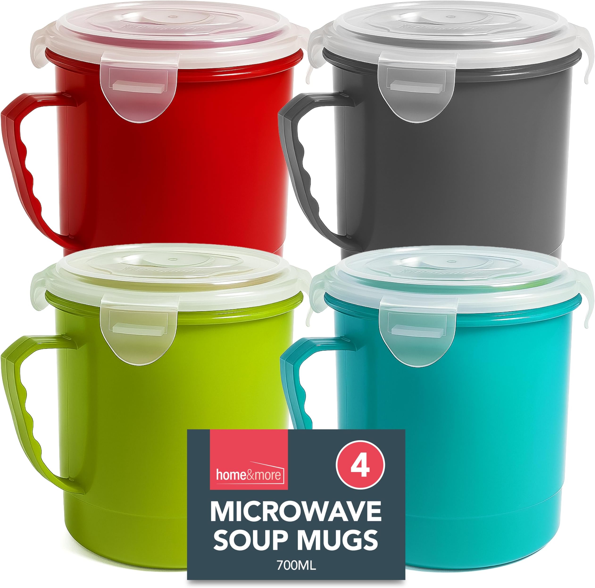 SOL 4pk Microwave Soup Containers 700ml Microwave Soup Mug with Lid Heat Resistant Reusable Food Holders Leak Resistant Portable Meal Prep Storage Suitable Home Office Work Lunch Use
