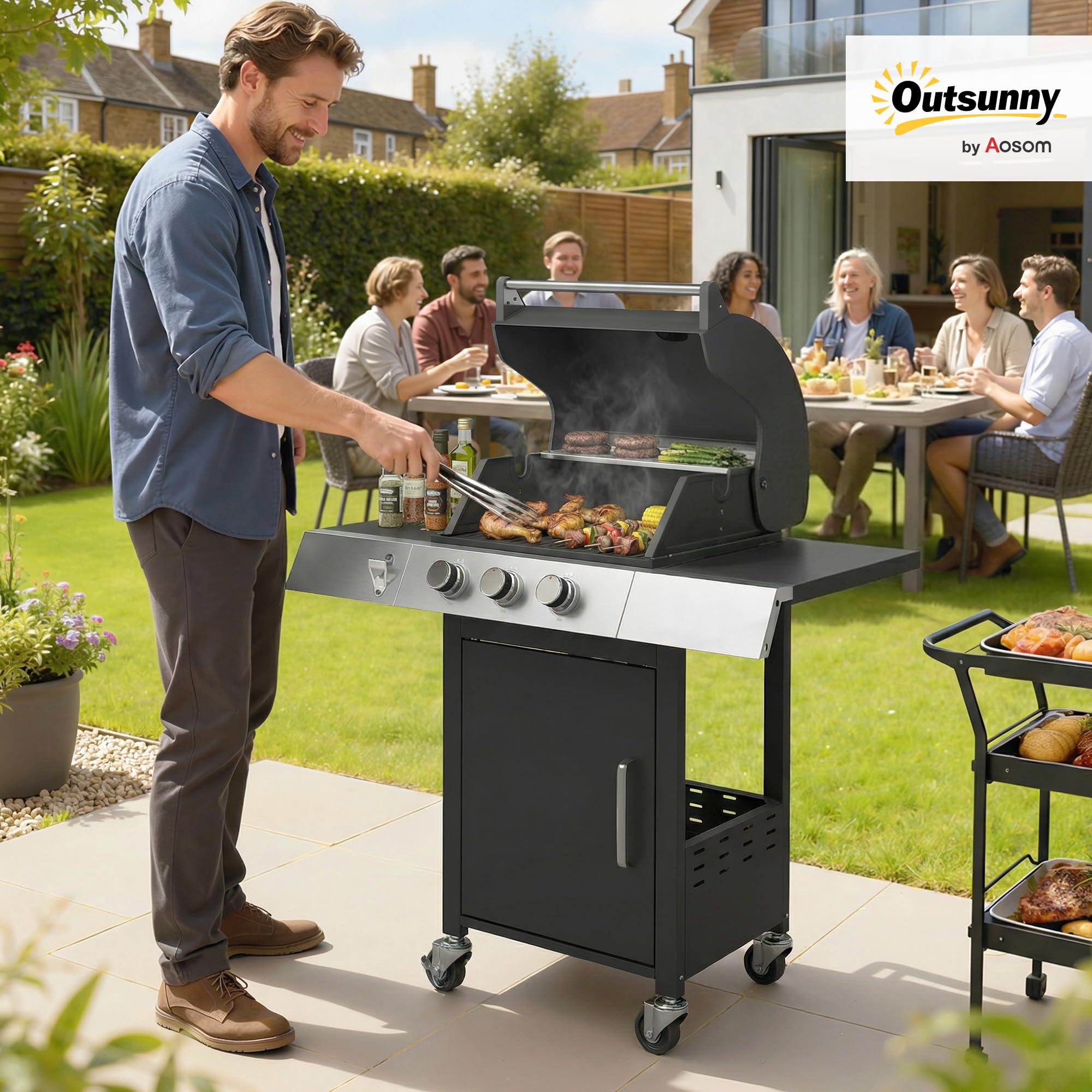 Outsunny Barbacoa de Gas BBQ Gas con 3 Quemadores 8,1 kW Barbacoa Portátil con Termómetro Mesas Laterales Armario Rejilla Calentadora Parrillas de Hierro Fundido Recogedor Grasa y 4 Ruedas Negro